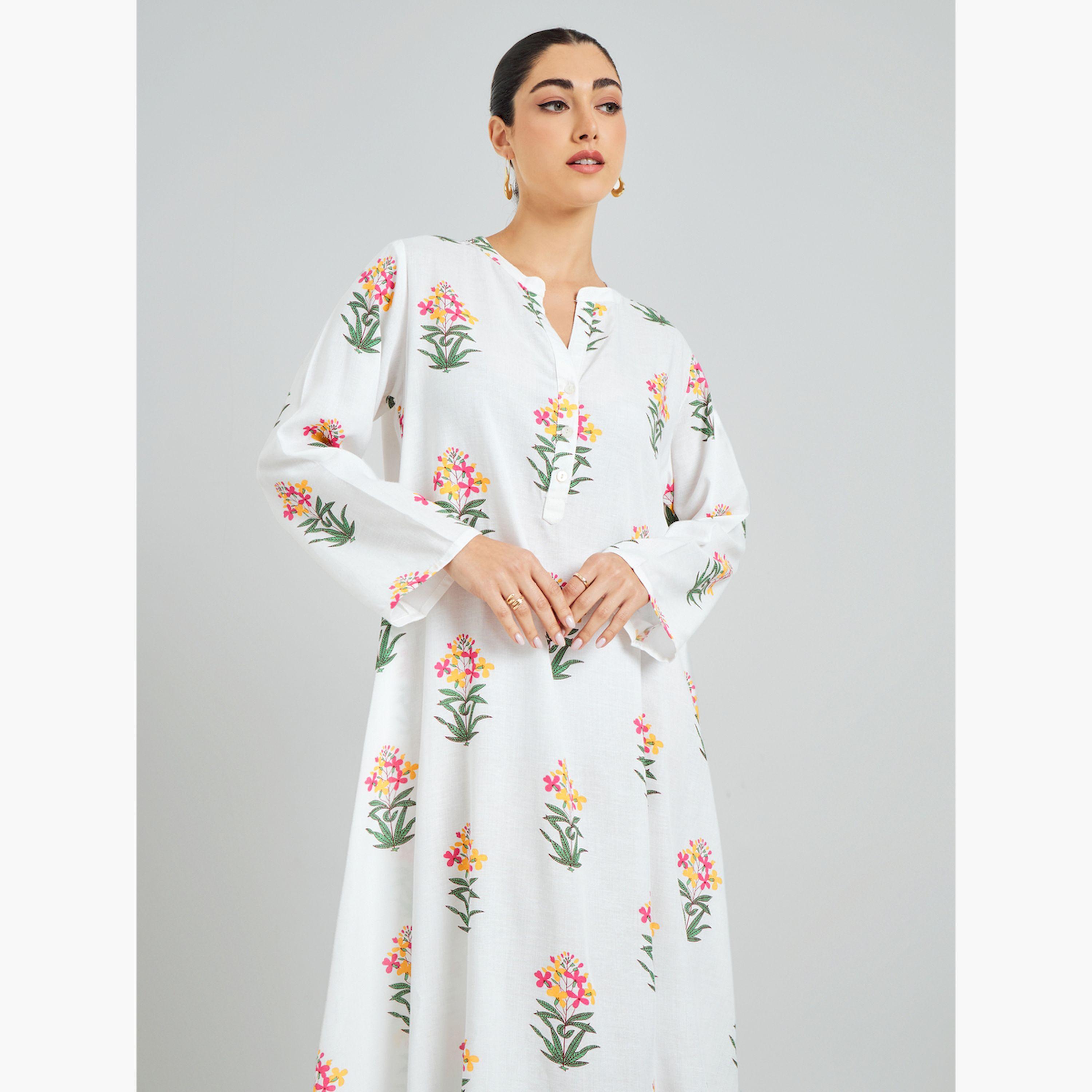 Styli White Floral Print A-Line Jalabiya-women-arabicclothing-jalabiyas-image-2