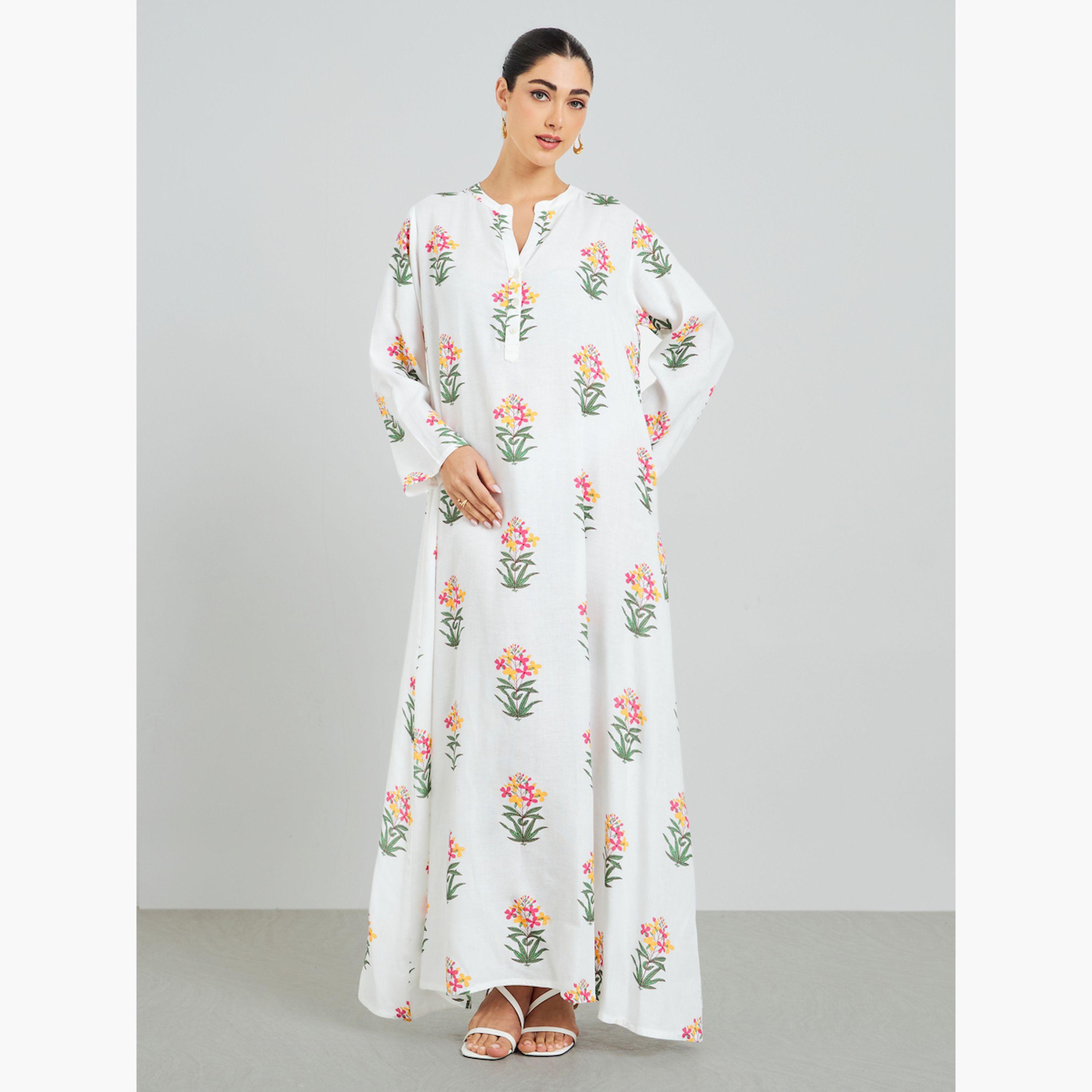 Styli White Floral Print A-Line Jalabiya-women-arabicclothing-jalabiyas-image-3