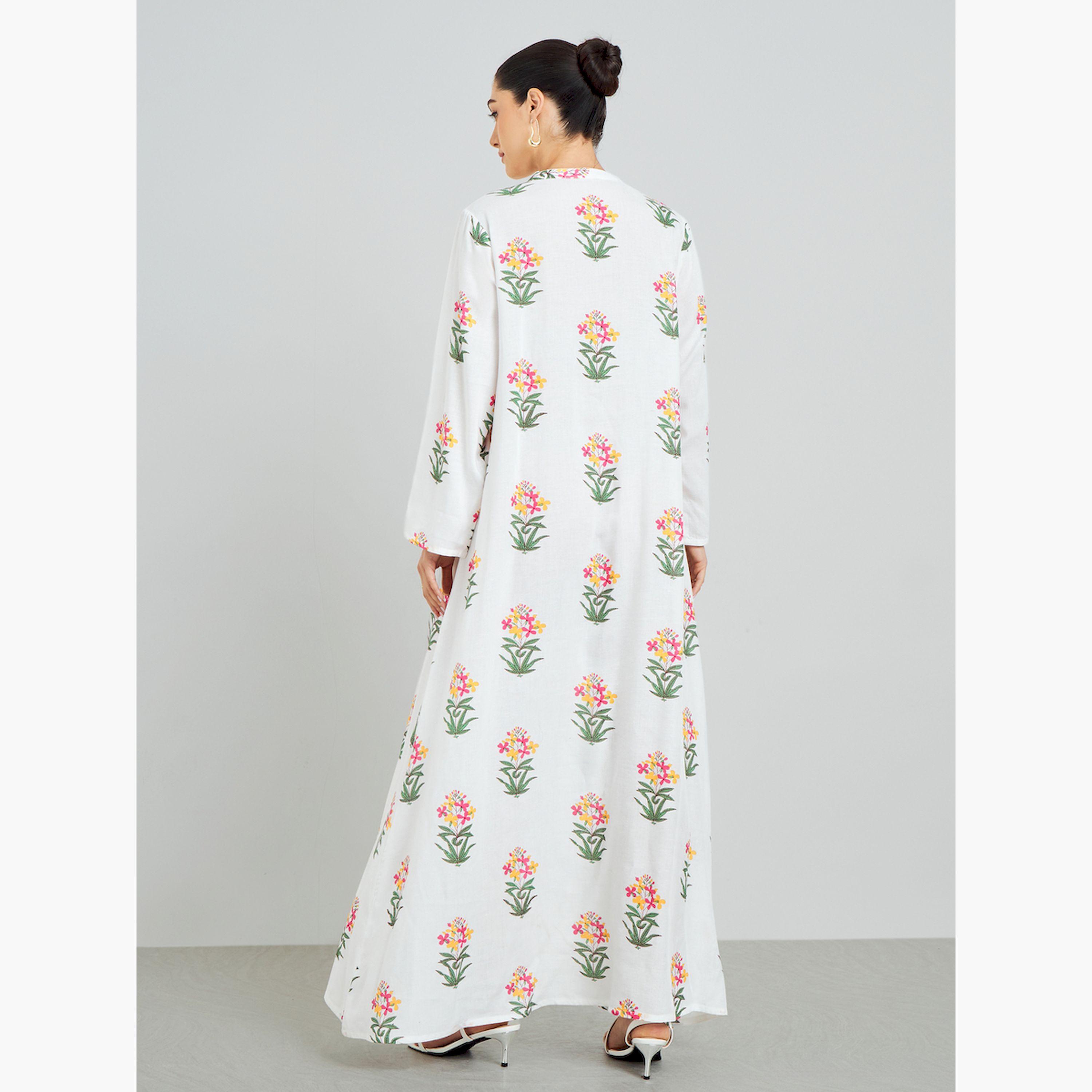 Styli White Floral Print A-Line Jalabiya-women-arabicclothing-jalabiyas-image-5