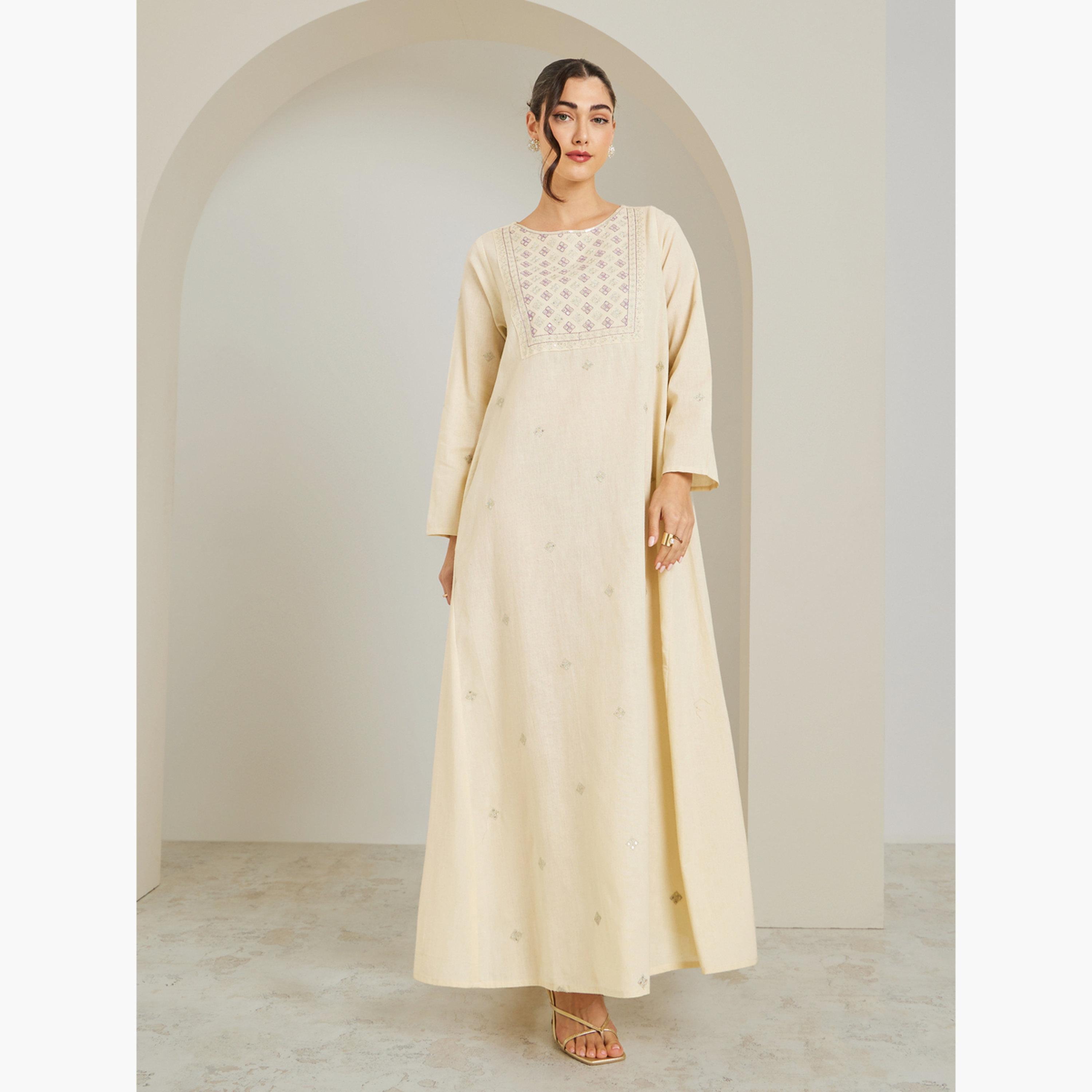 Styli Women Cream Embroidered A-Line Jalabiya-women-arabicclothing-jalabiyas-image-1