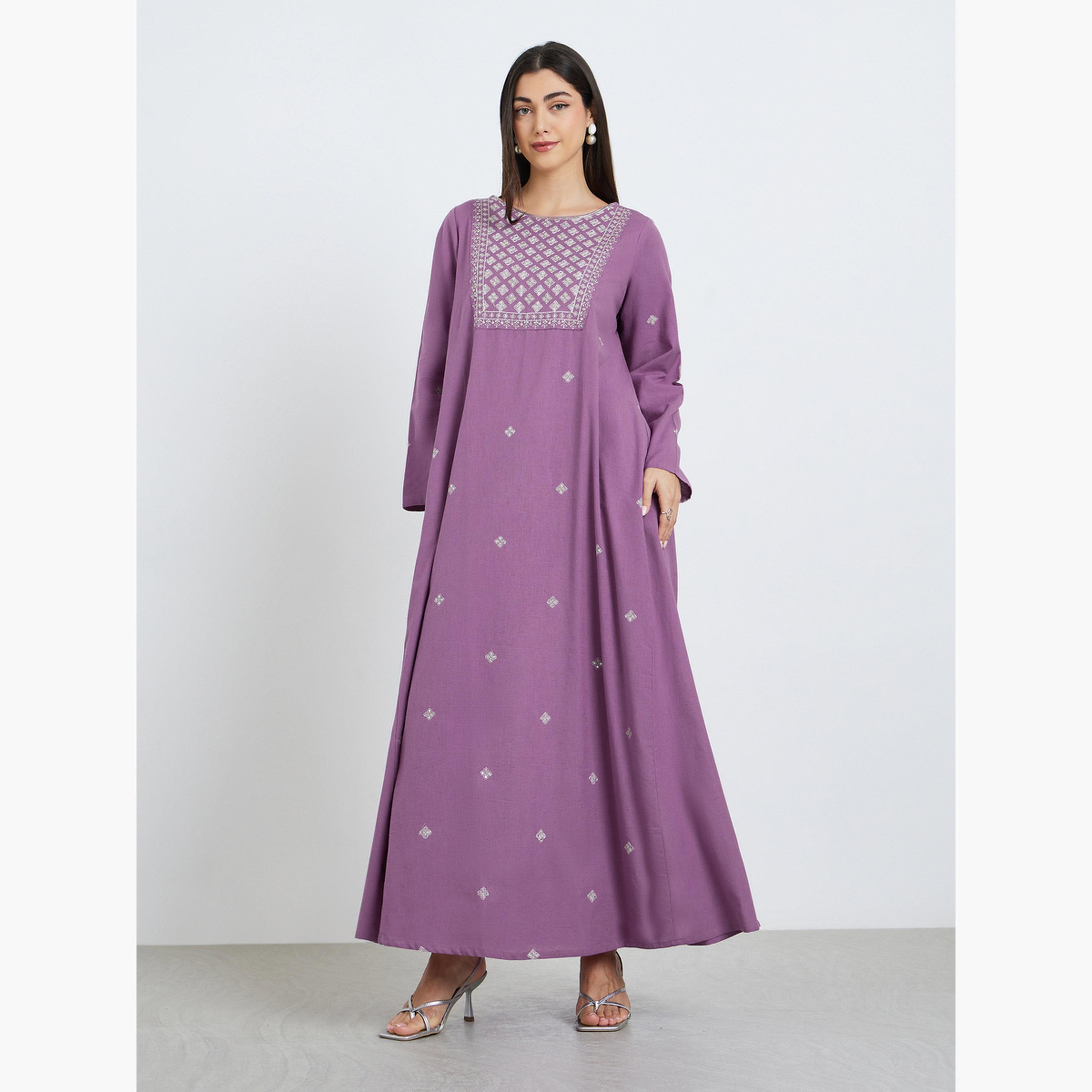 Styli Women Purple Embroidered A-Line Jalabiya-women-arabicclothing-jalabiyas-image-1