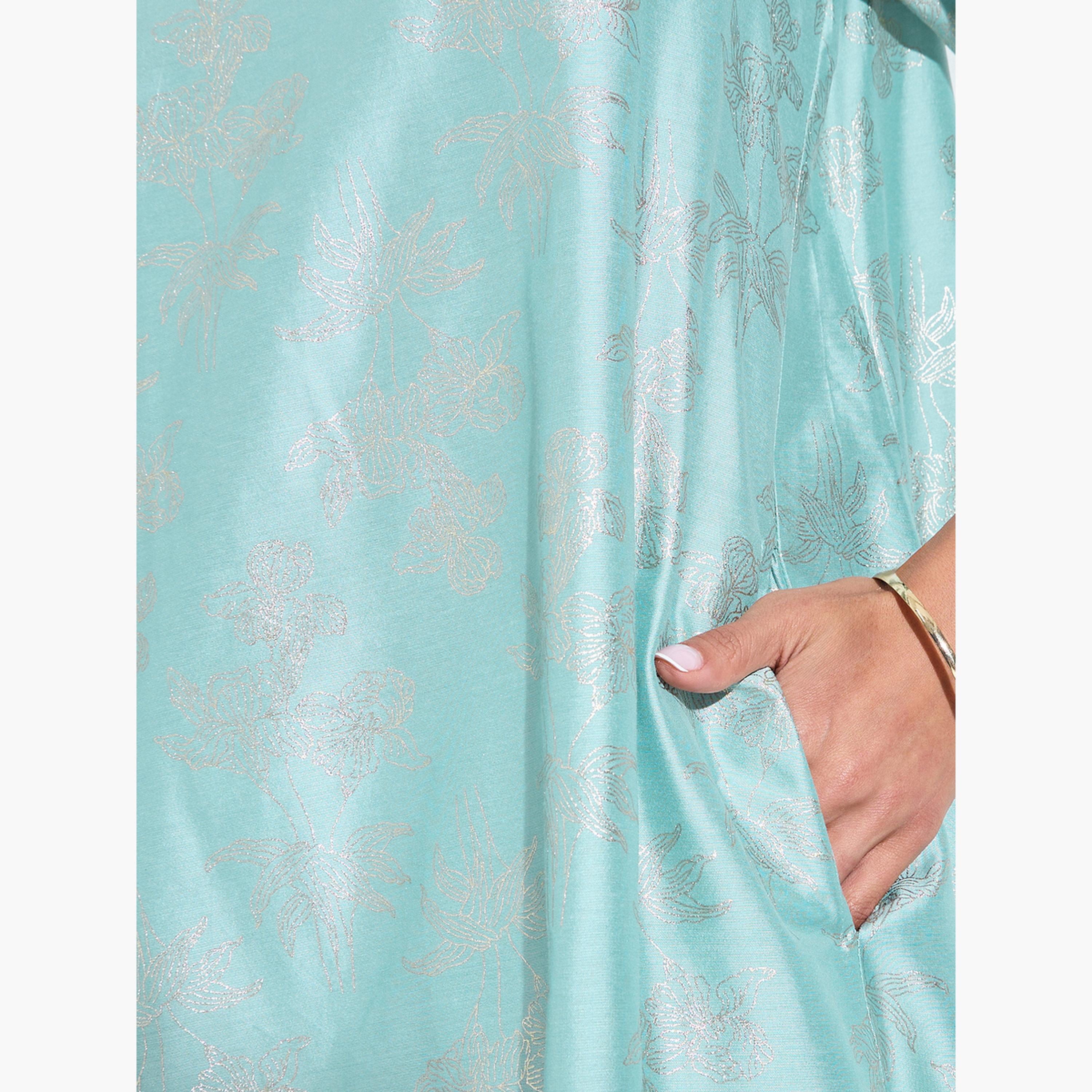 Amirah X Styli Green Maxi Jalabiya with Metallic Floral Print-women-arabicclothing-dresses-image-5