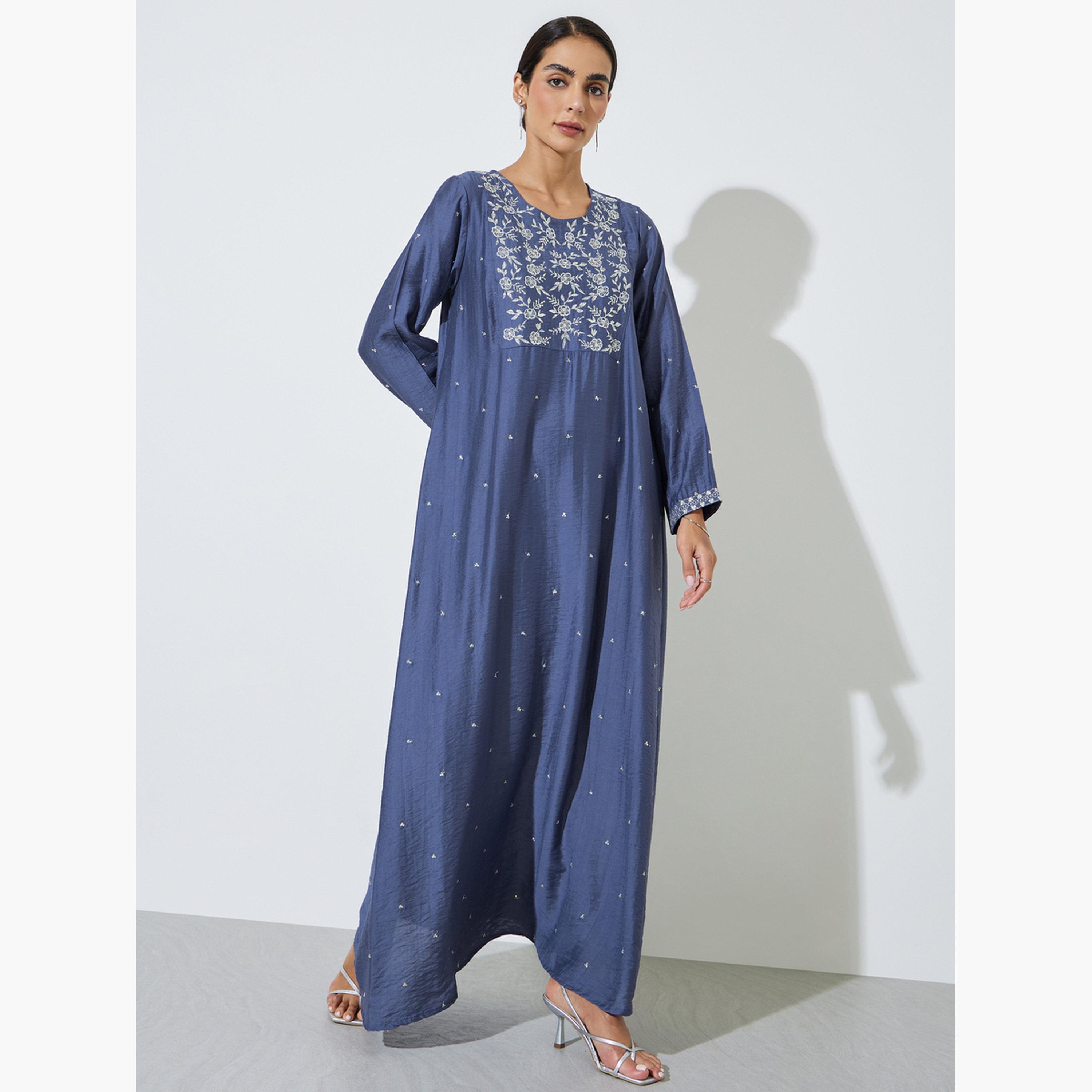 Amirah X Styli Blue Embroidered A-Line Jalabiya-women-arabicclothing-jalabiyas-image-1