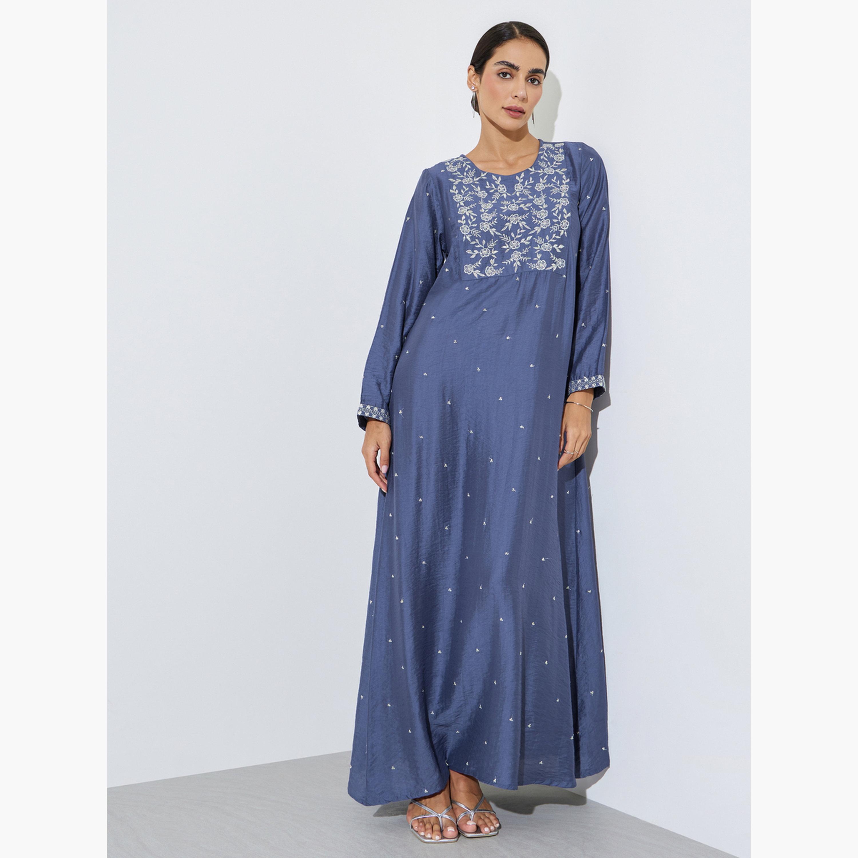 Amirah X Styli Blue Embroidered A-Line Jalabiya-women-arabicclothing-jalabiyas-image-3