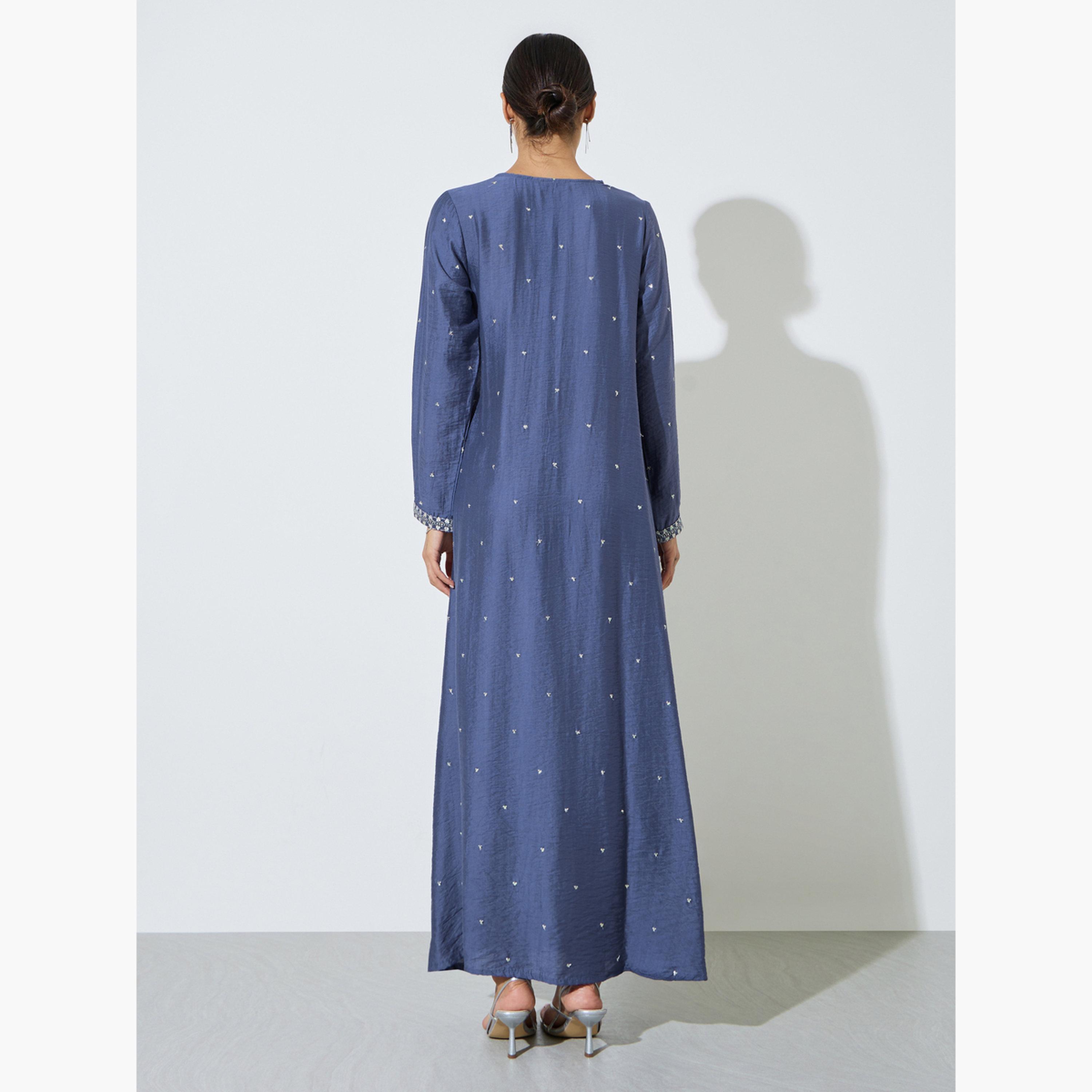 Amirah X Styli Blue Embroidered A-Line Jalabiya-women-arabicclothing-jalabiyas-image-4