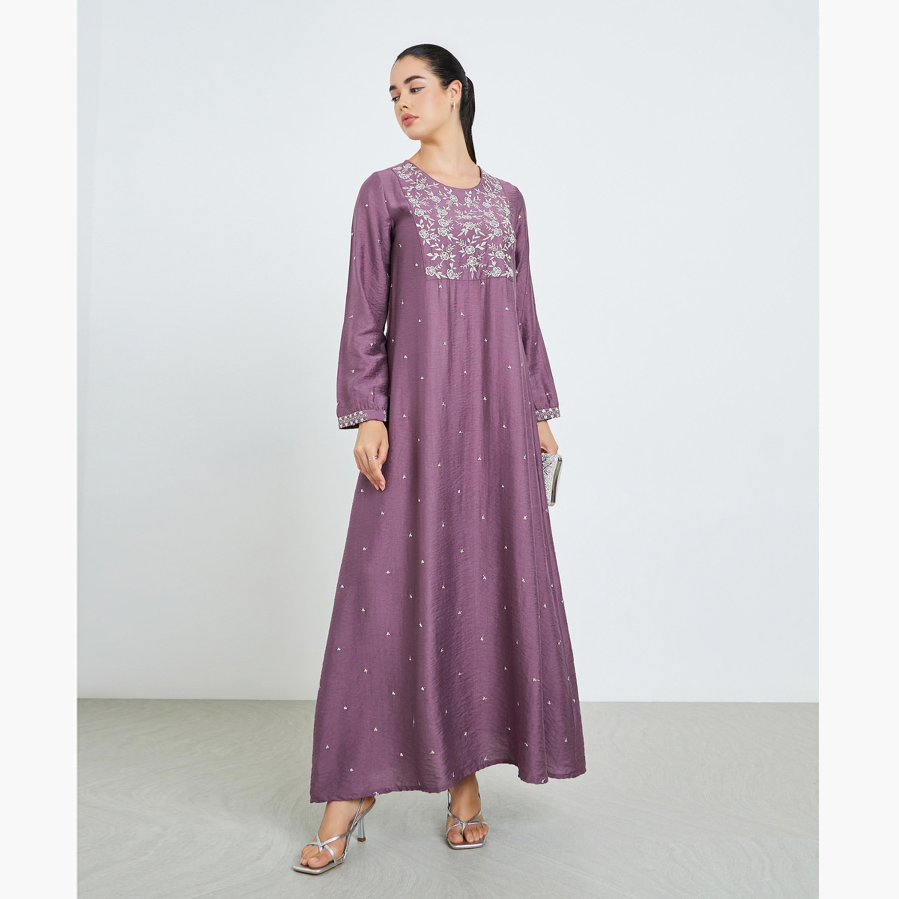 جلابية مطرزة بحافة واسعة للنساء-women-arabicclothing-jalabiyas-image-1