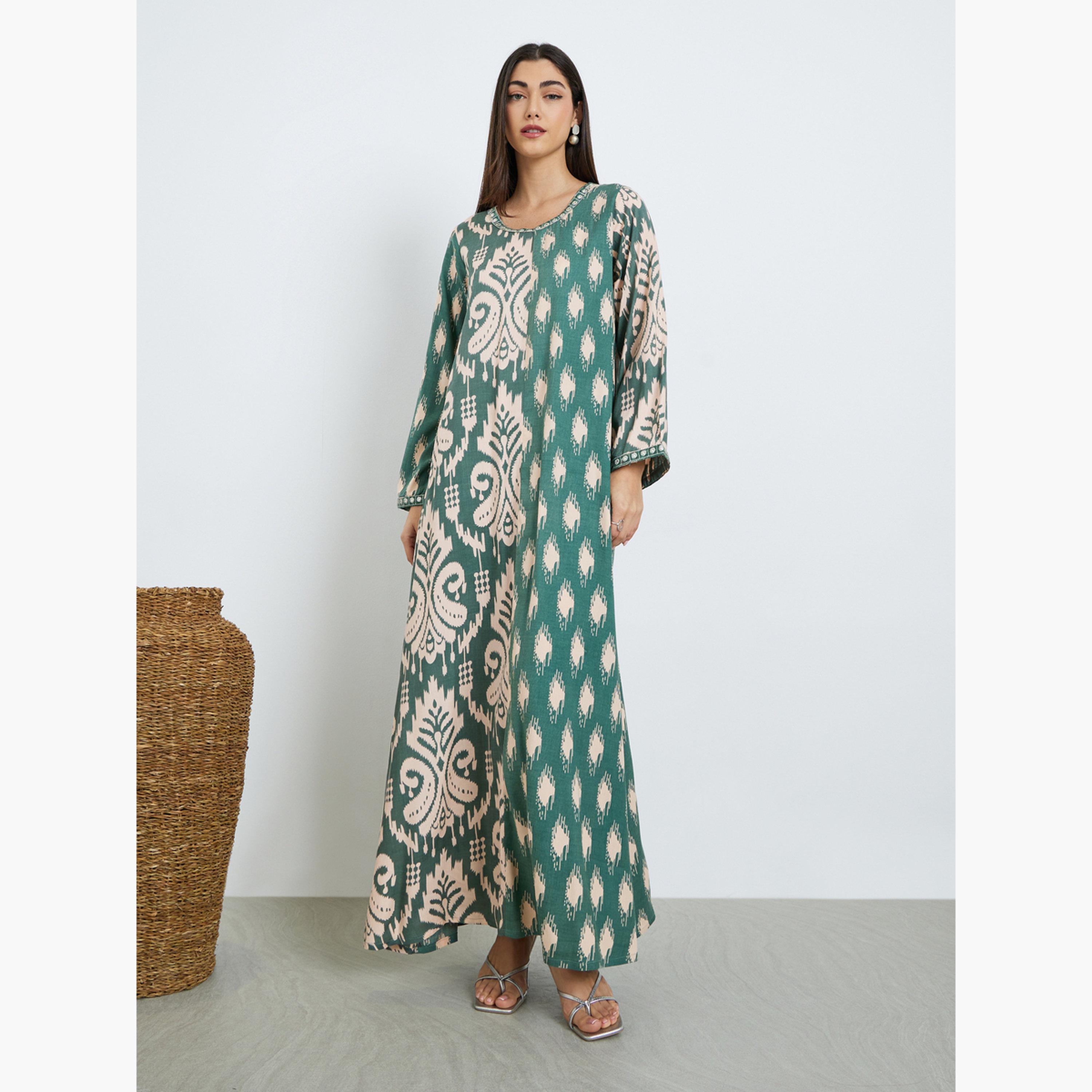 Styli Women Green Printed A-Line Jalabiya-women-arabicclothing-jalabiyas-image-1