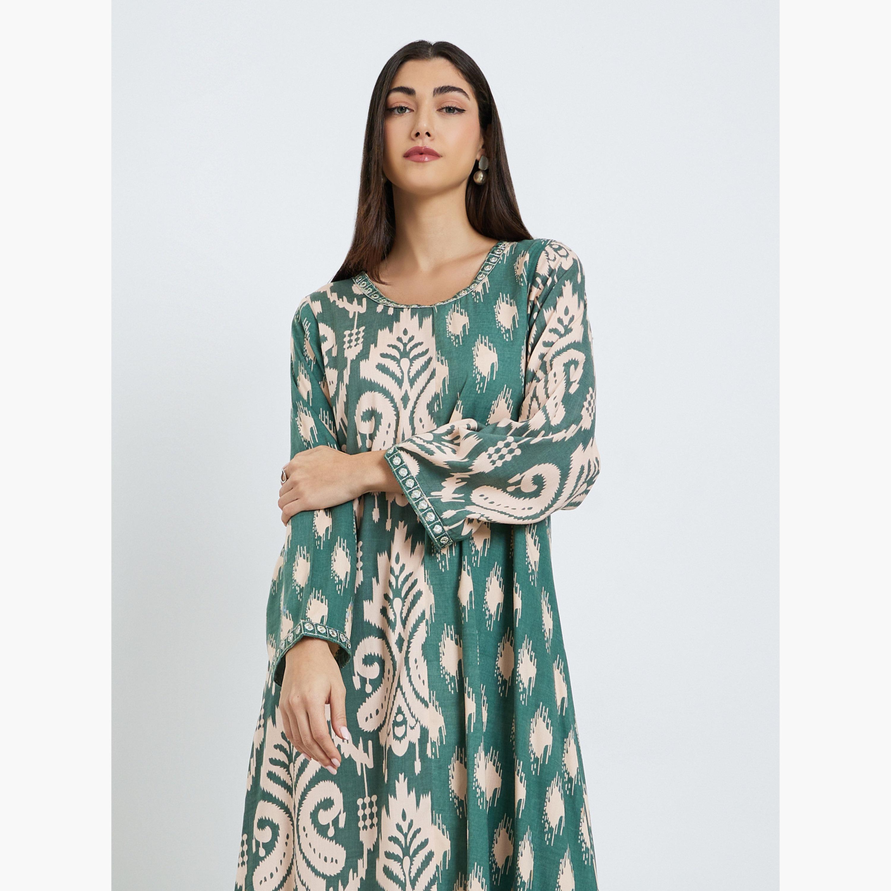 Styli Women Green Printed A-Line Jalabiya-women-arabicclothing-jalabiyas-image-2