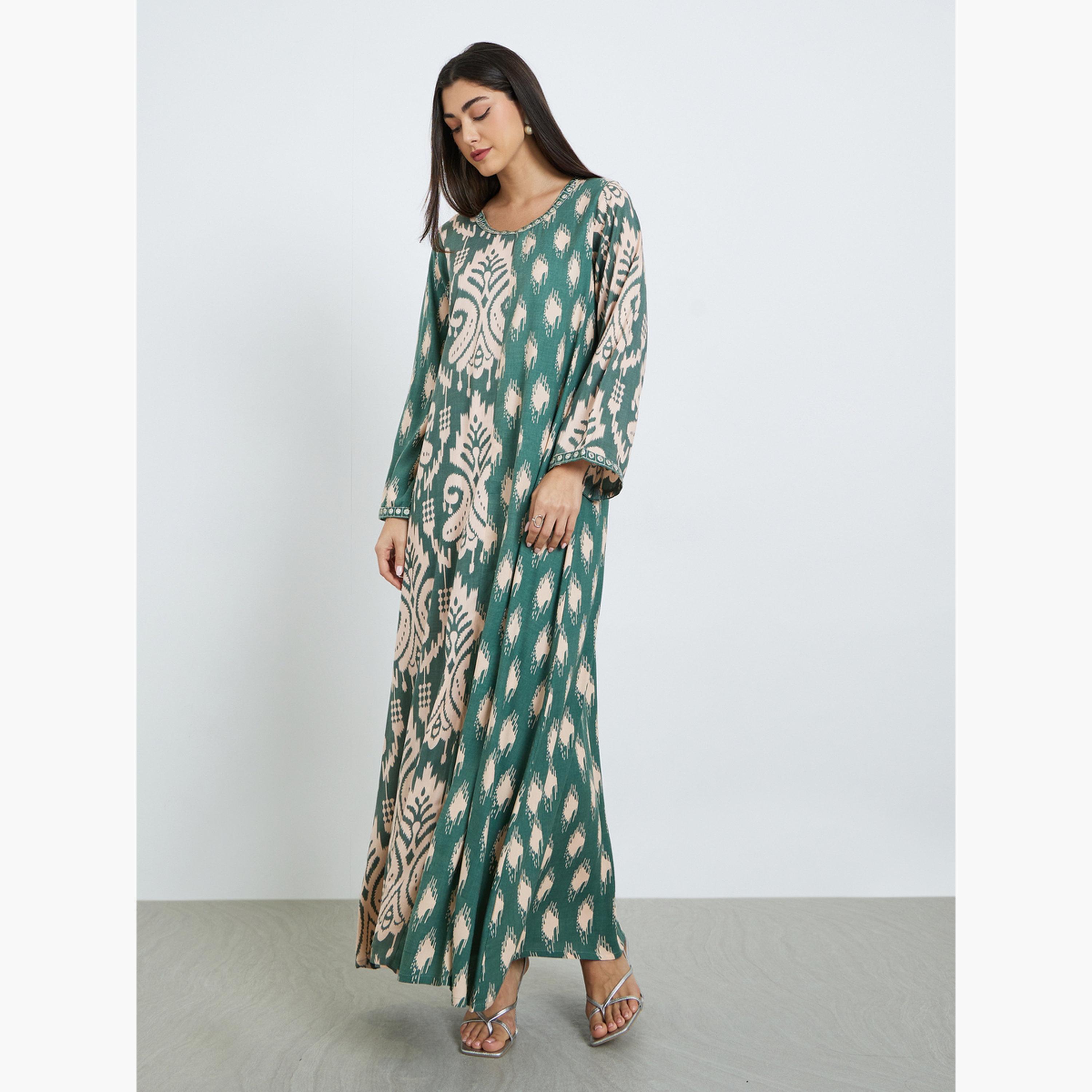 Styli Women Green Printed A-Line Jalabiya-women-arabicclothing-jalabiyas-image-3
