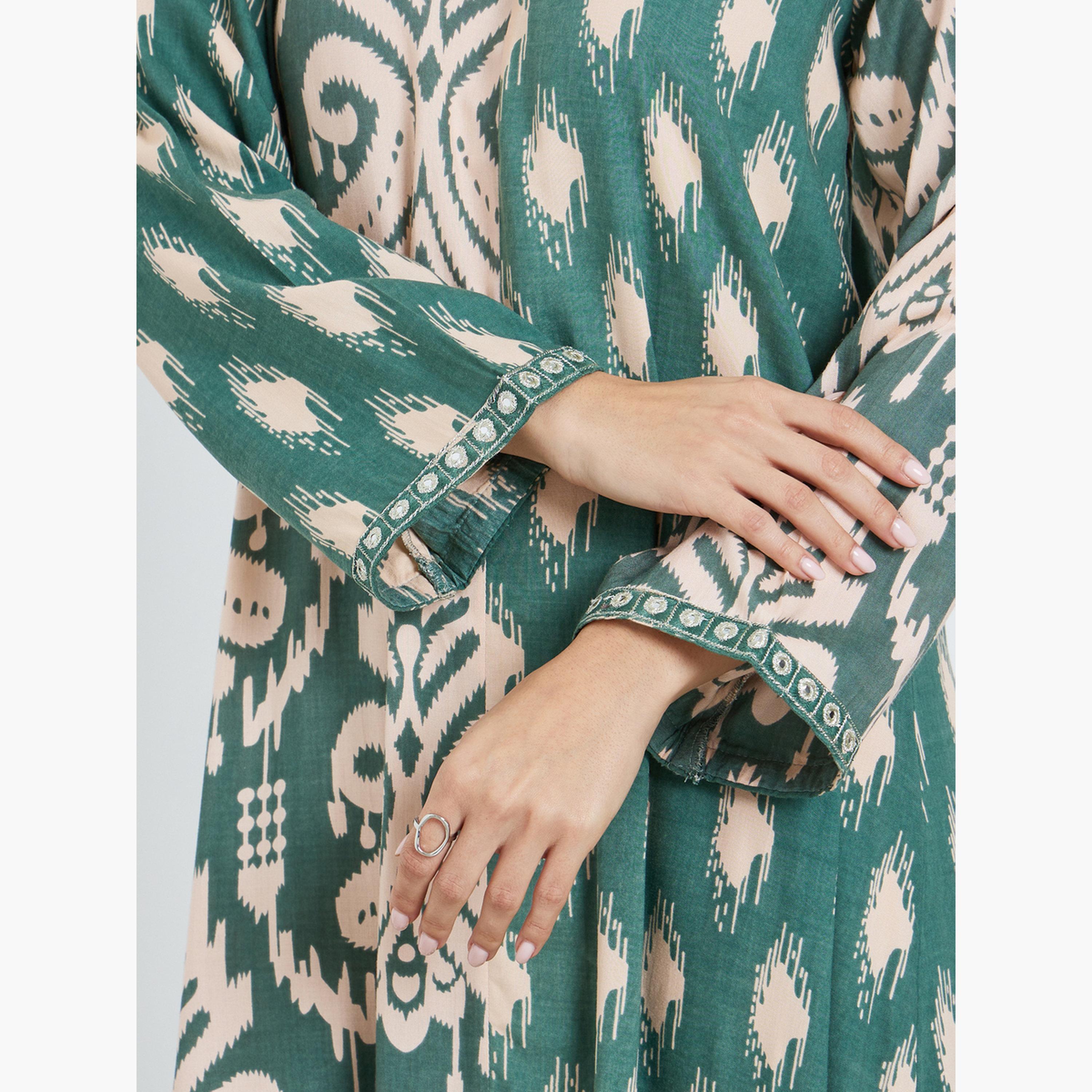 Styli Women Green Printed A-Line Jalabiya-women-arabicclothing-jalabiyas-image-4