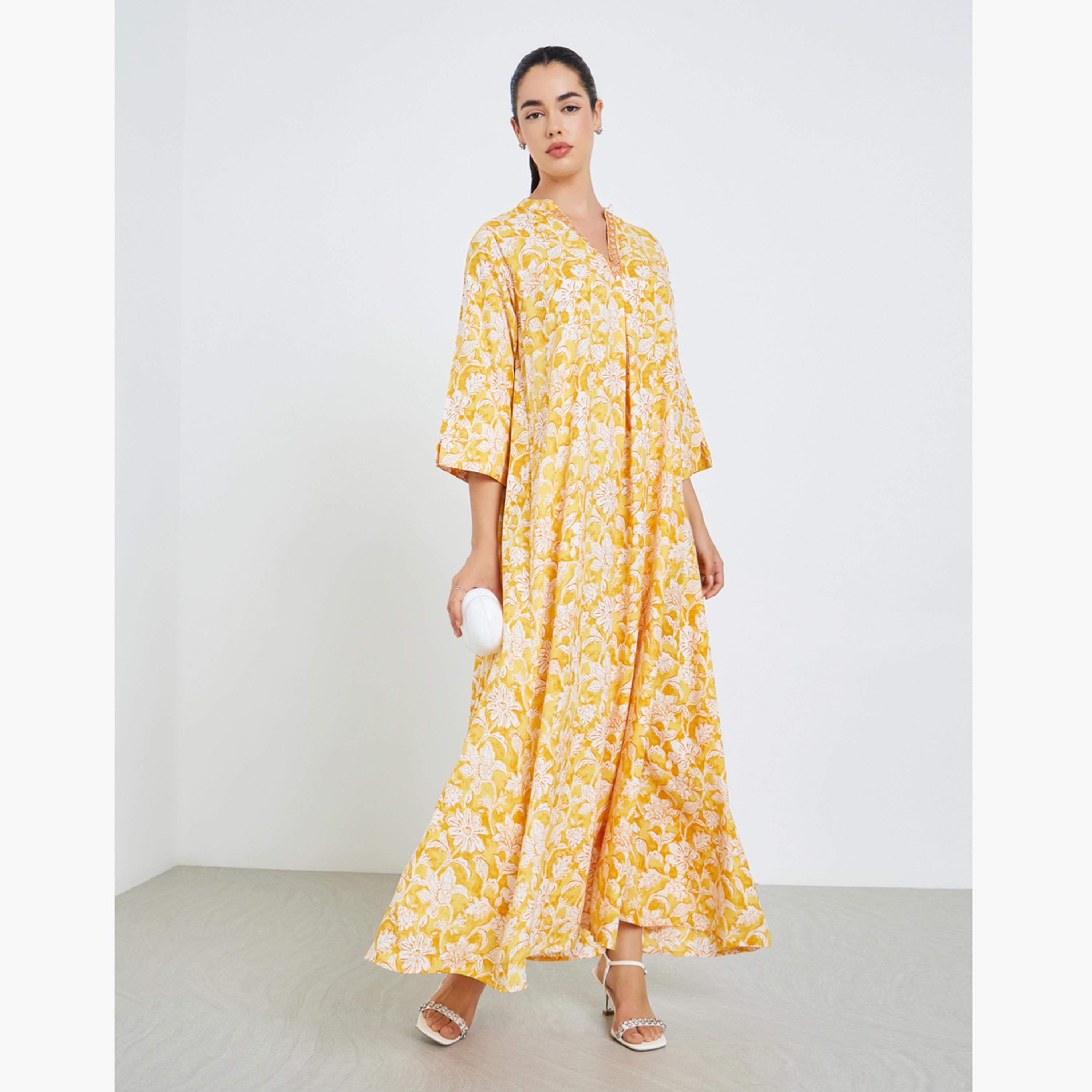 Styli Women Yellow Floral Print A-Line Jalabiya-women-arabicclothing-jalabiyas-image-1