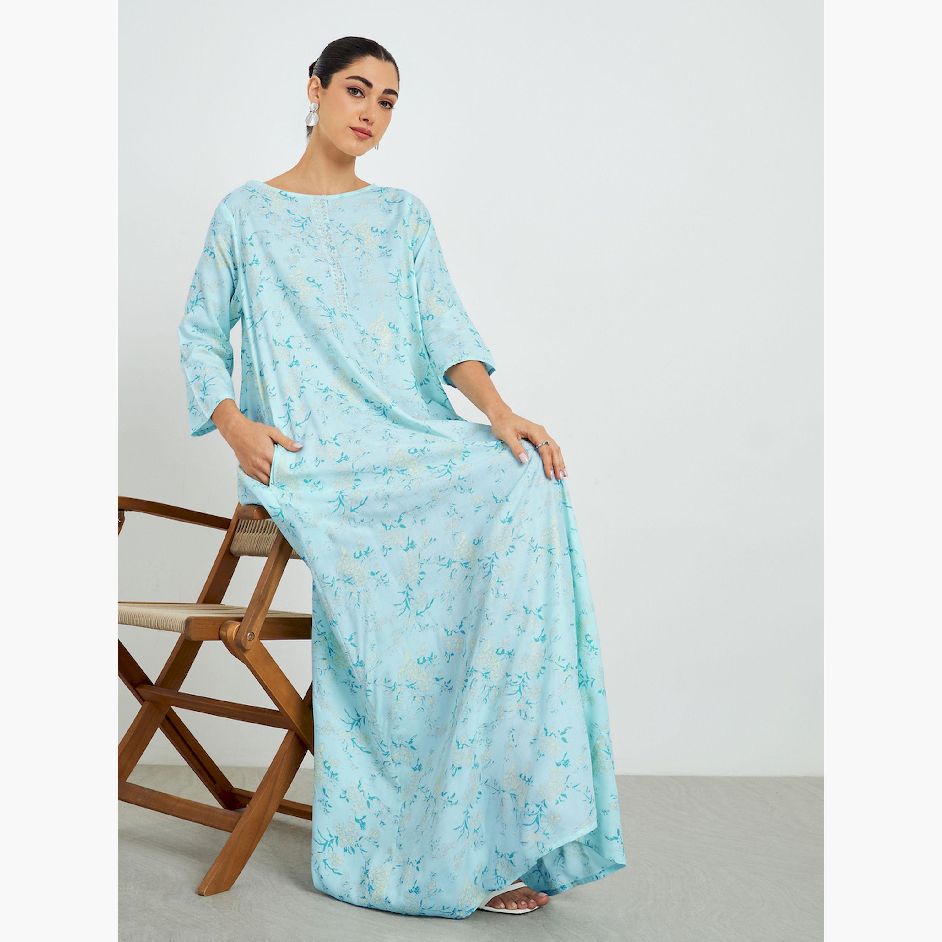 Styli Blue Floral Printed A-Line Jalabiya-women-arabicclothing-jalabiyas-image-2