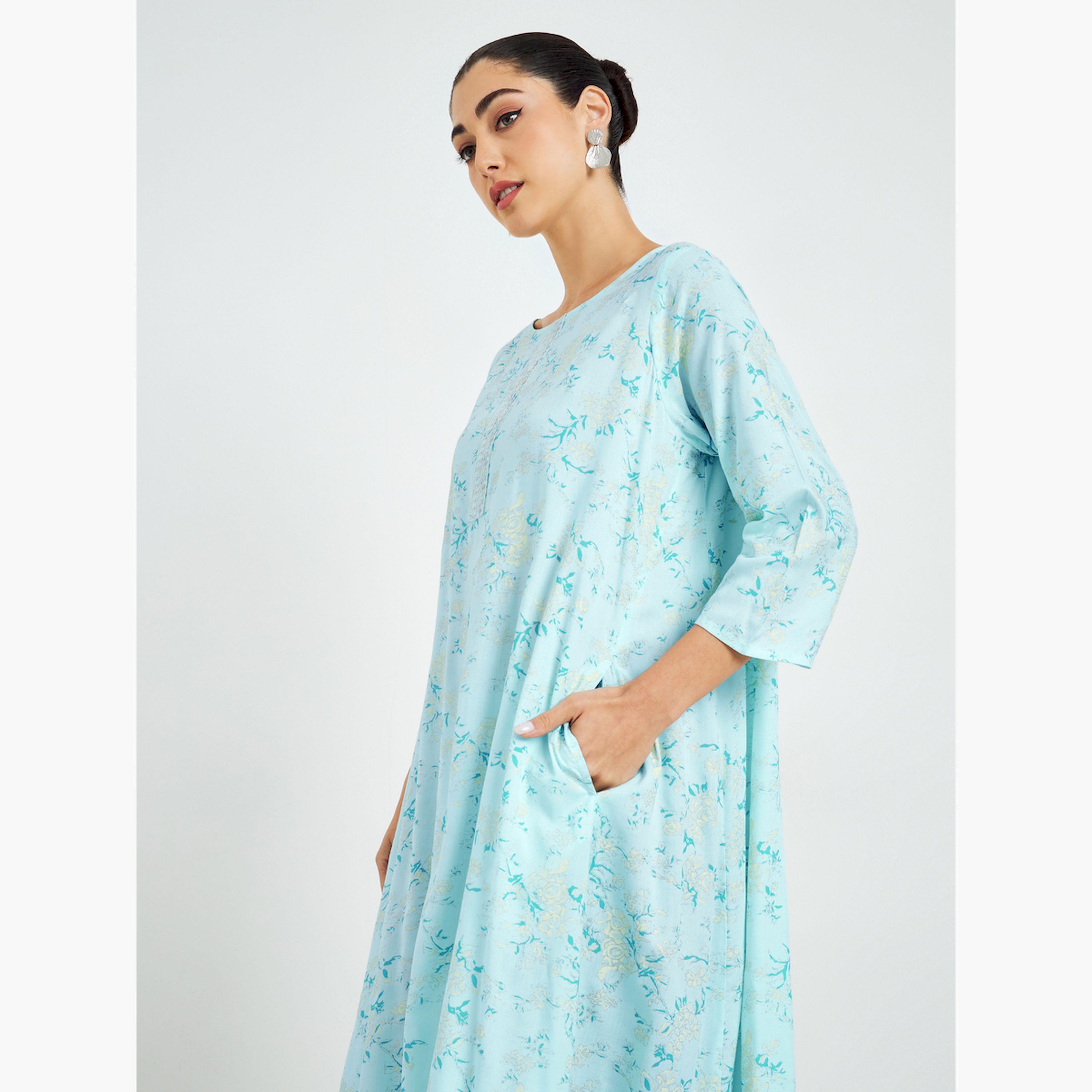 جلابية بحافة واسعة وطبعة زهور-women-arabicclothing-jalabiyas-image-3