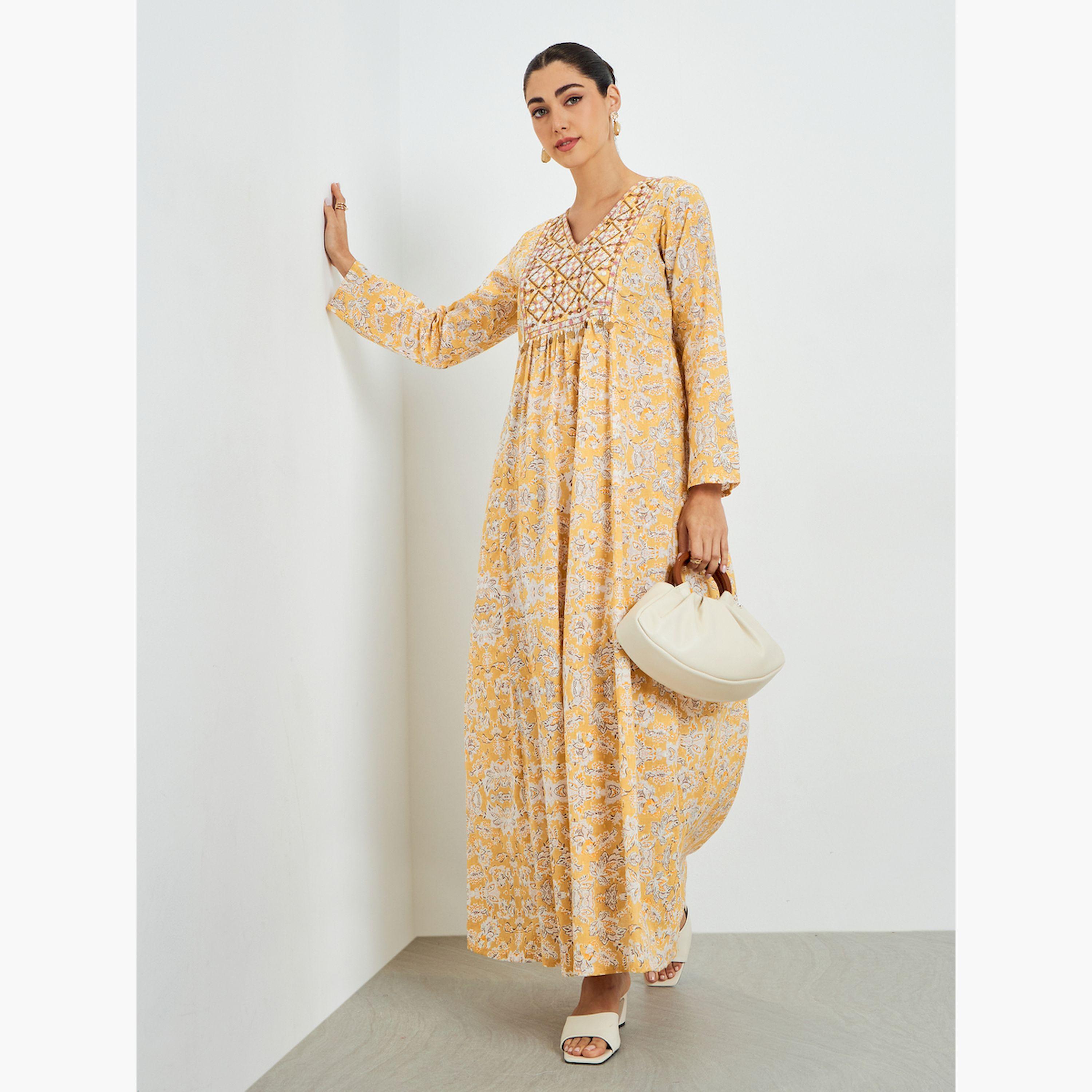 Styli Yellow Floral Printed Embroidered A-Line Jalabiya-women-arabicclothing-jalabiyas-image-1