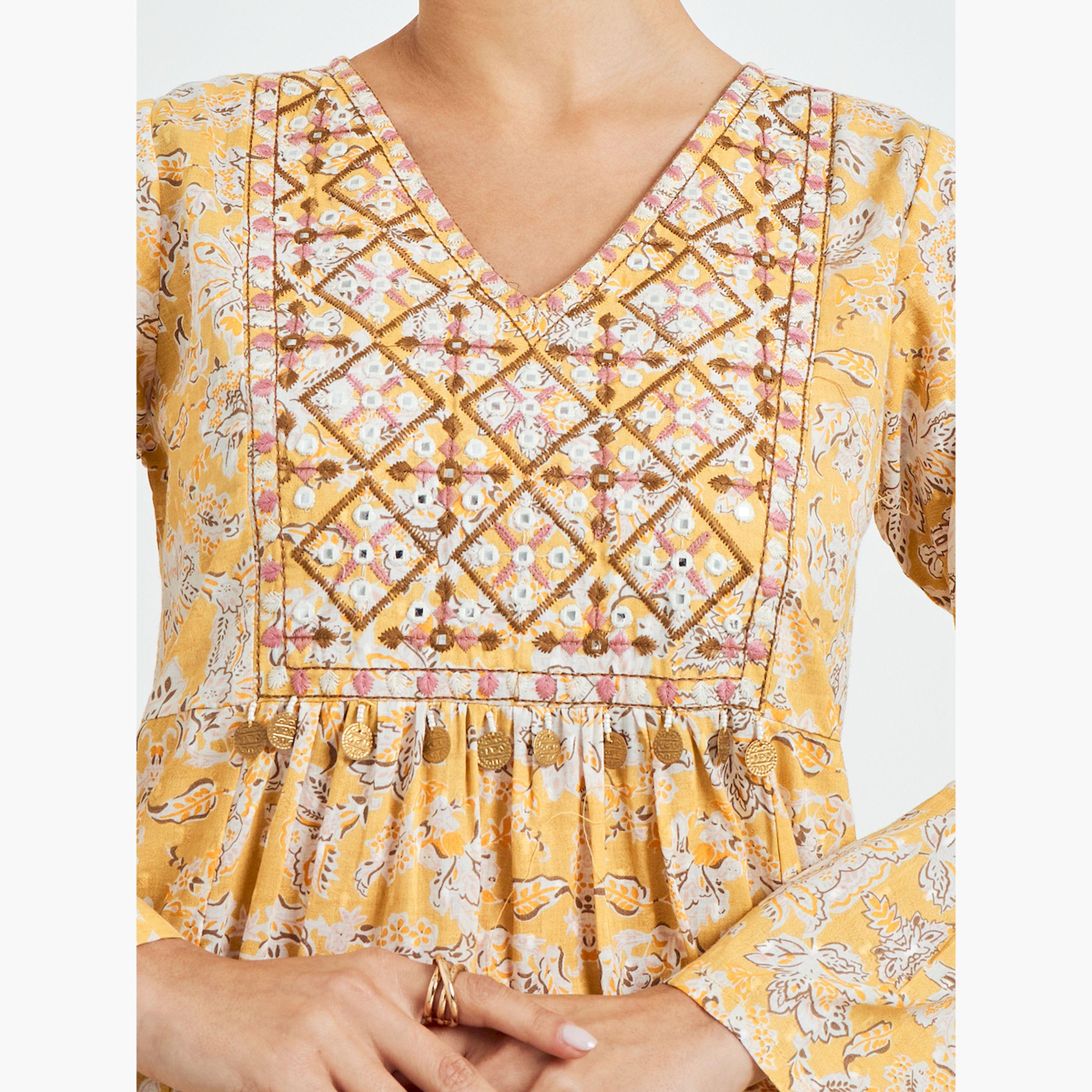 Styli Yellow Floral Printed Embroidered A-Line Jalabiya-women-arabicclothing-jalabiyas-image-4