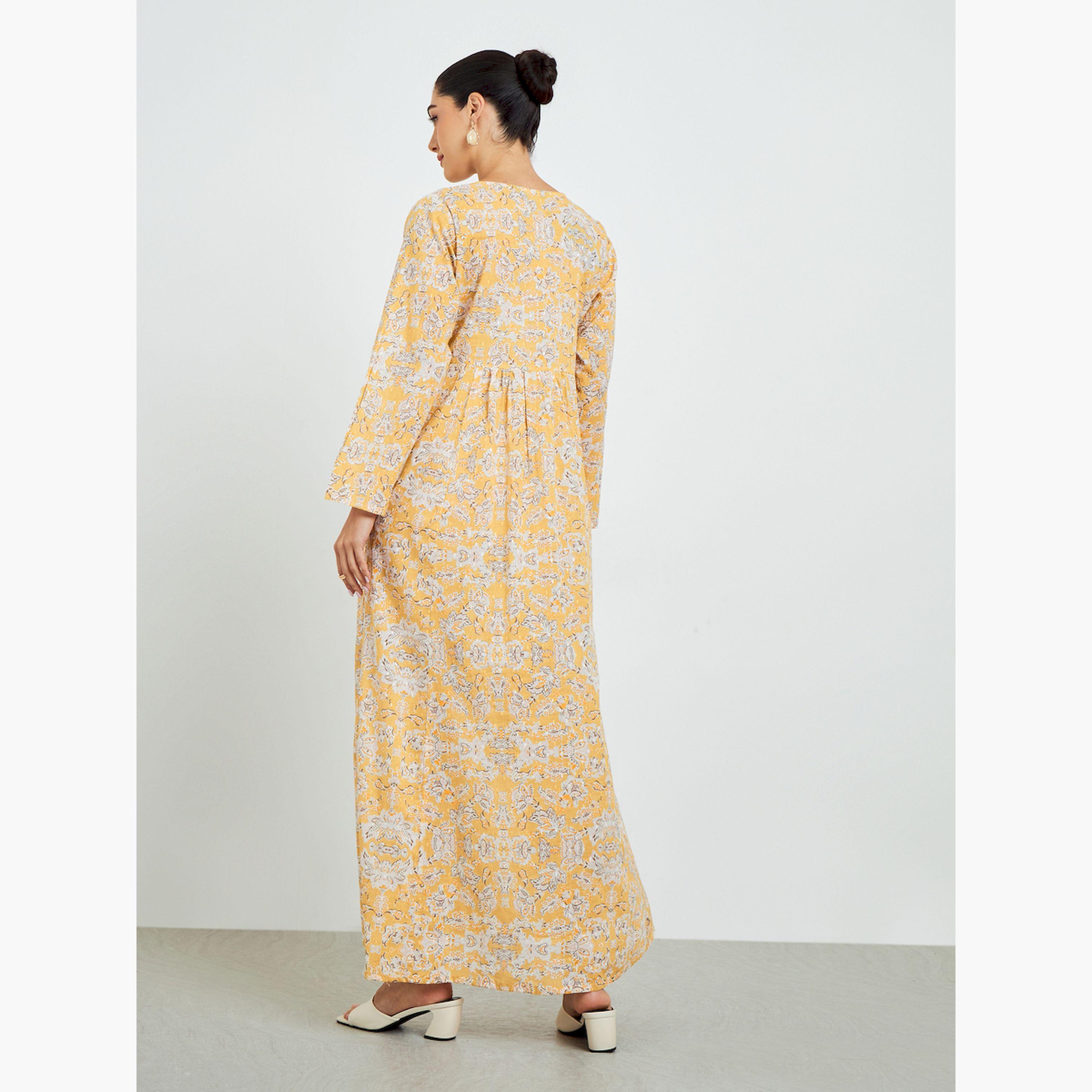 Styli Yellow Floral Printed Embroidered A-Line Jalabiya-women-arabicclothing-jalabiyas-image-5