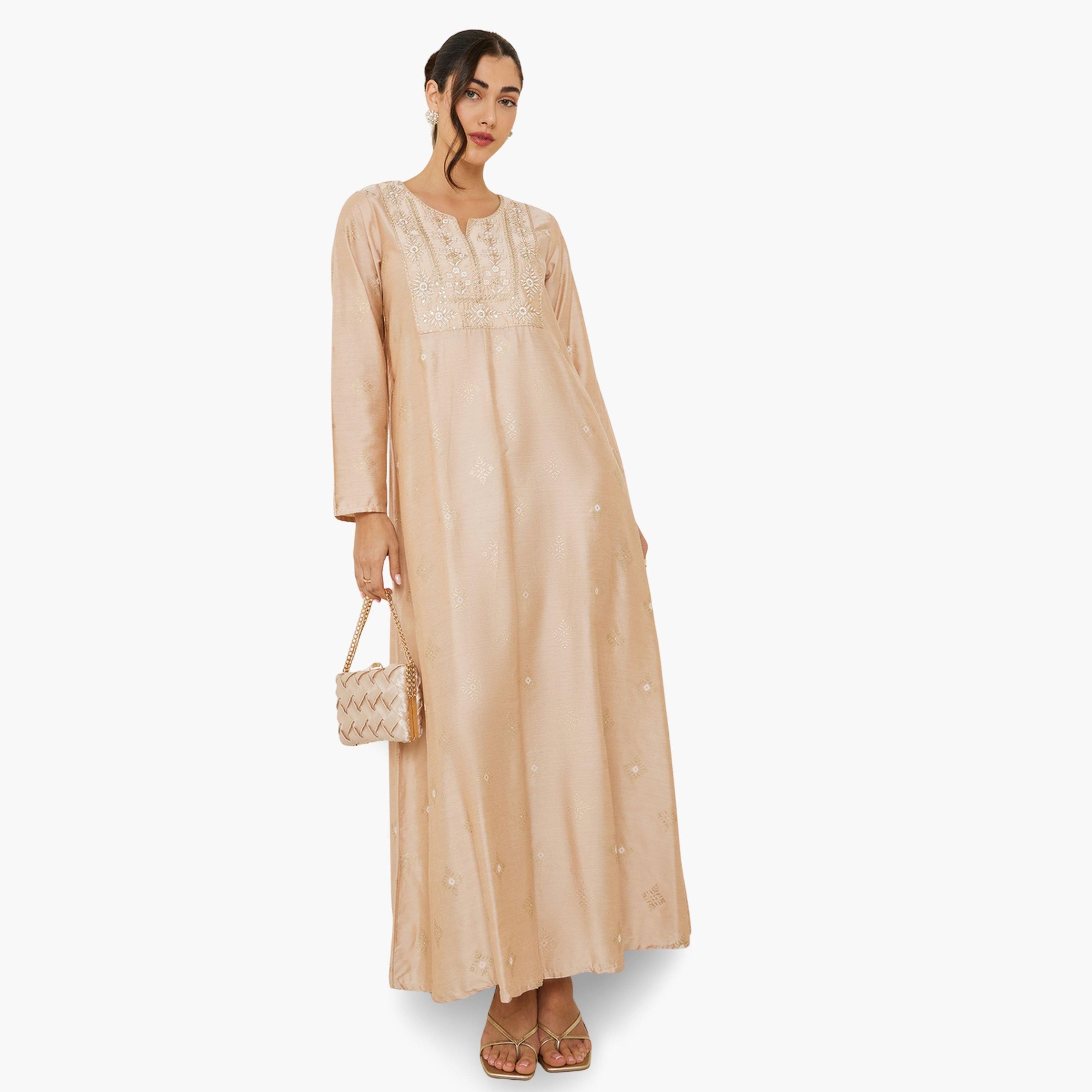 Styli Women Beige Embroidered A-Line Jalabiya-women-arabicclothing-jalabiyas-image-1