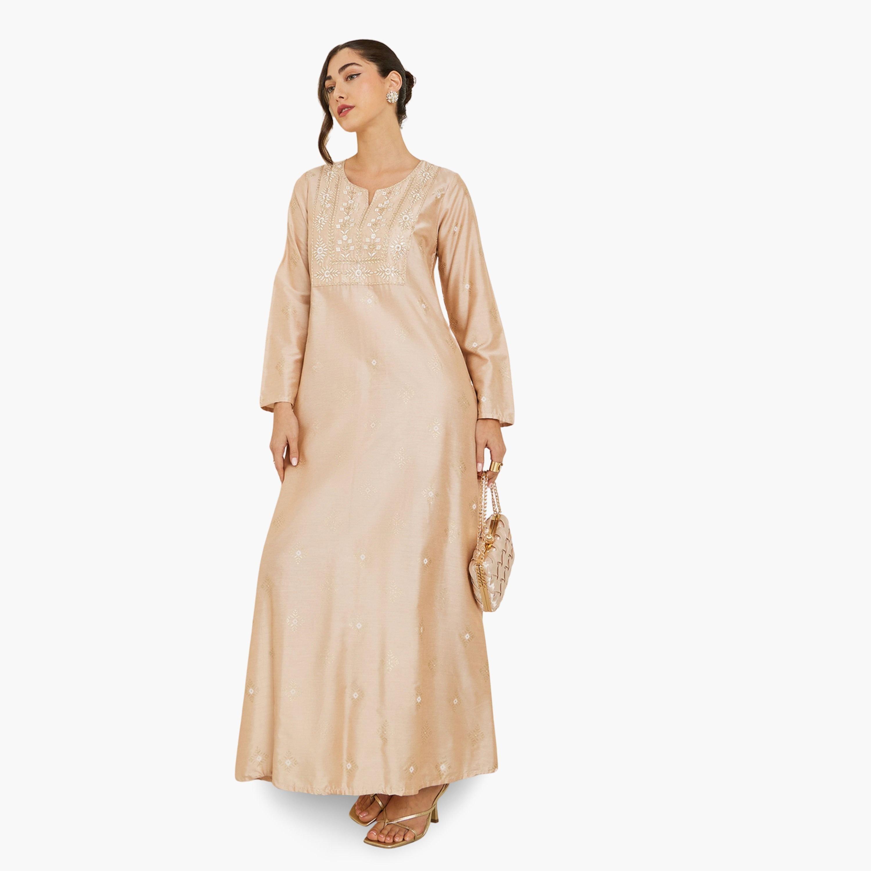 Styli Women Beige Embroidered A-Line Jalabiya-women-arabicclothing-jalabiyas-image-2