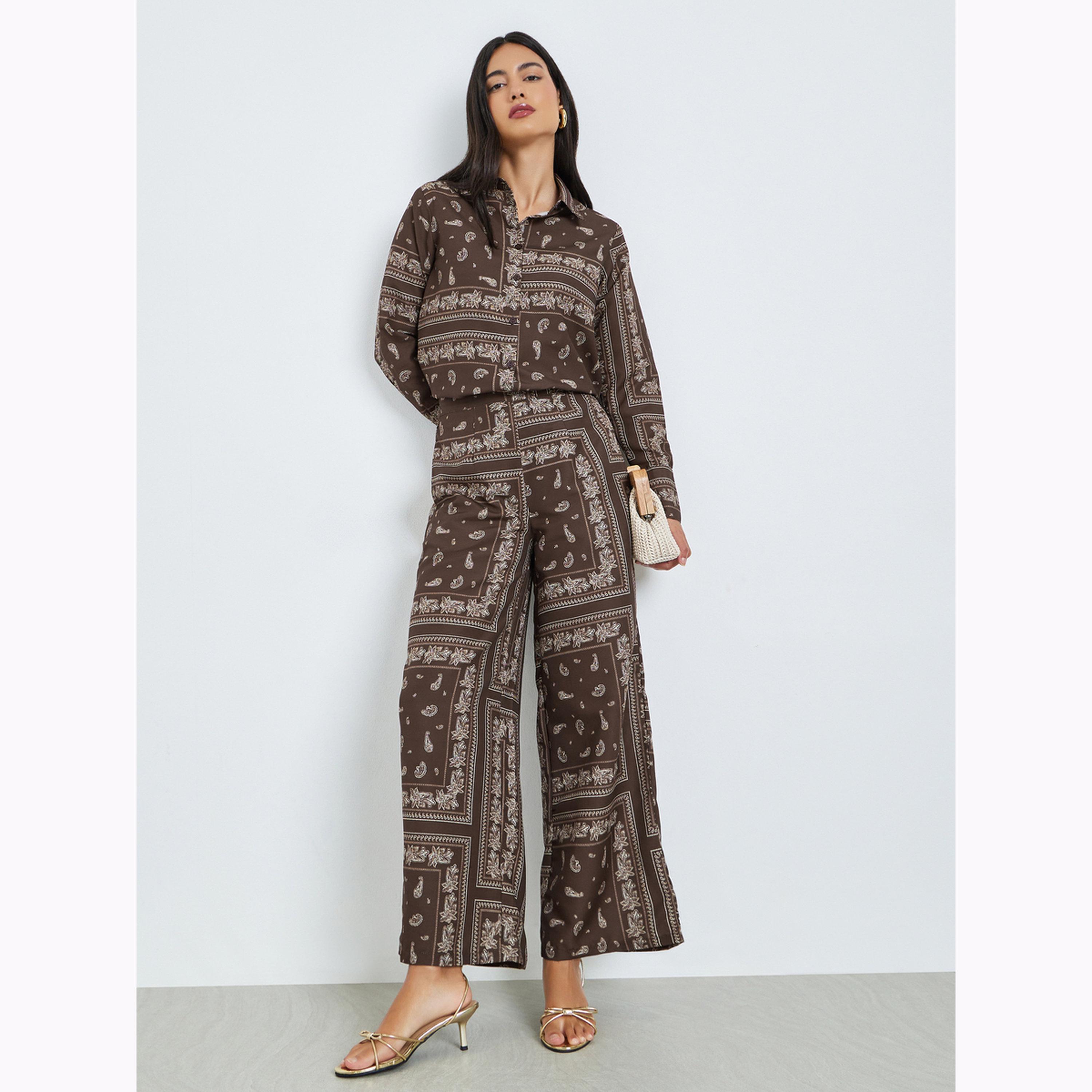 Styli Brown Paisley Print Shirt and Trousers Co-Ords-women-clothing-coordsets-image-1