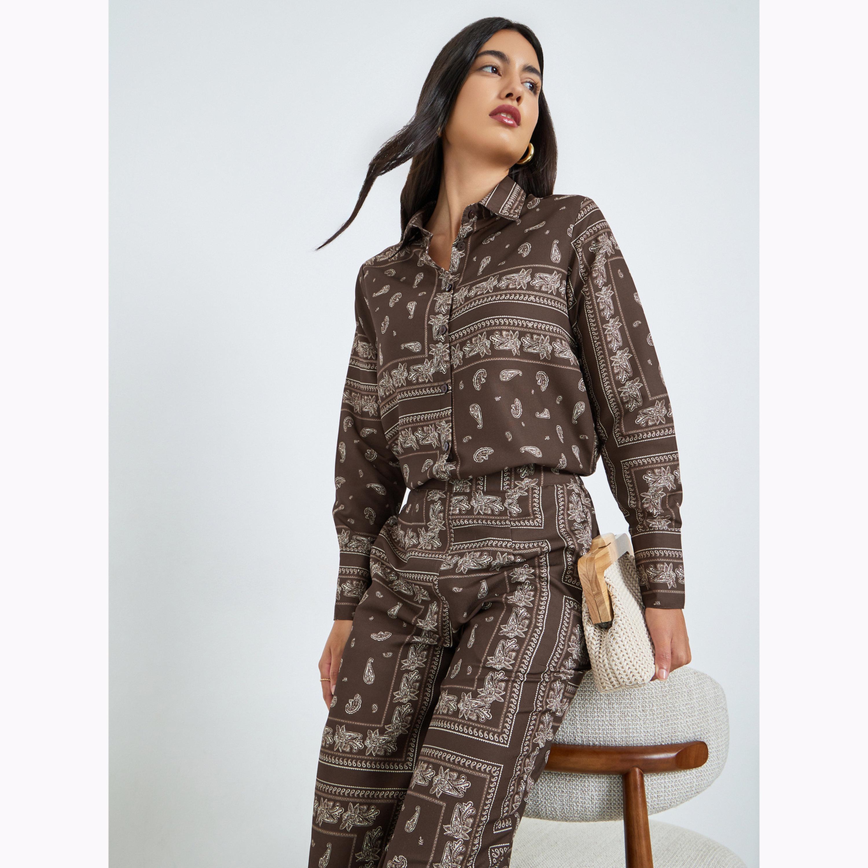 Styli Brown Paisley Print Shirt and Trousers Co-Ords-women-clothing-coordsets-image-2