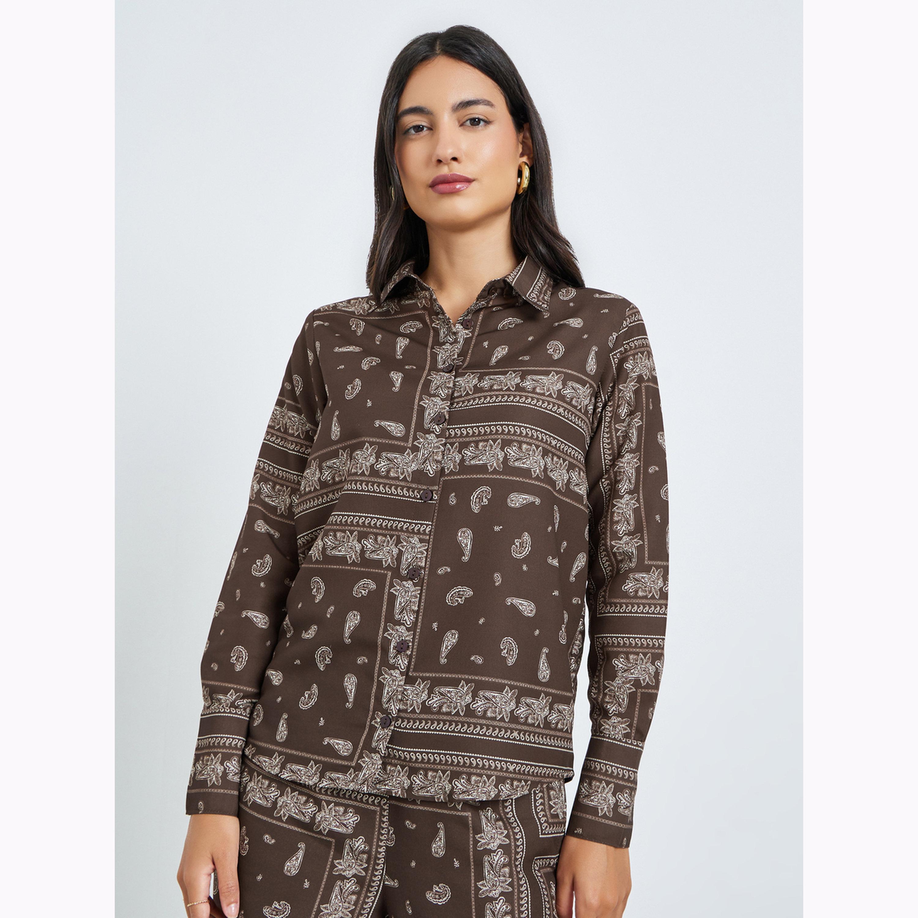 Styli Brown Paisley Print Shirt and Trousers Co-Ords-women-clothing-coordsets-image-3