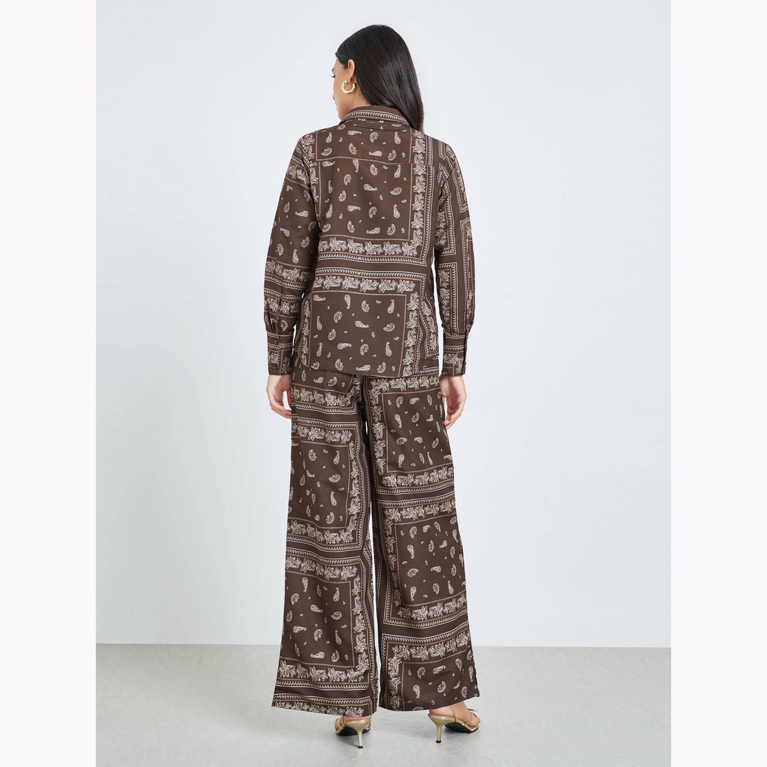 Styli Brown Paisley Print Shirt and Trousers Co-Ords-women-clothing-coordsets-image-4