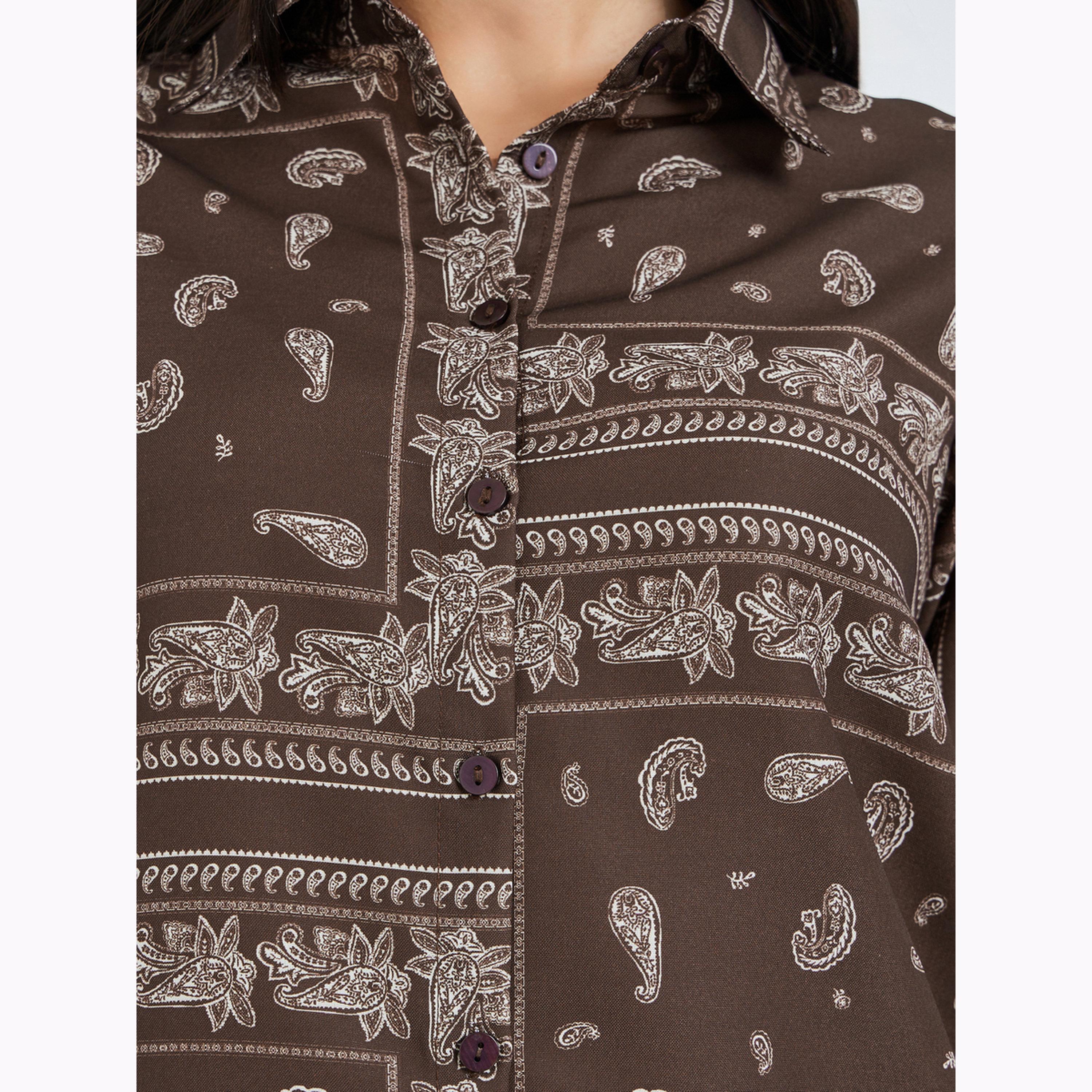 Styli Brown Paisley Print Shirt and Trousers Co-Ords-women-clothing-coordsets-image-6