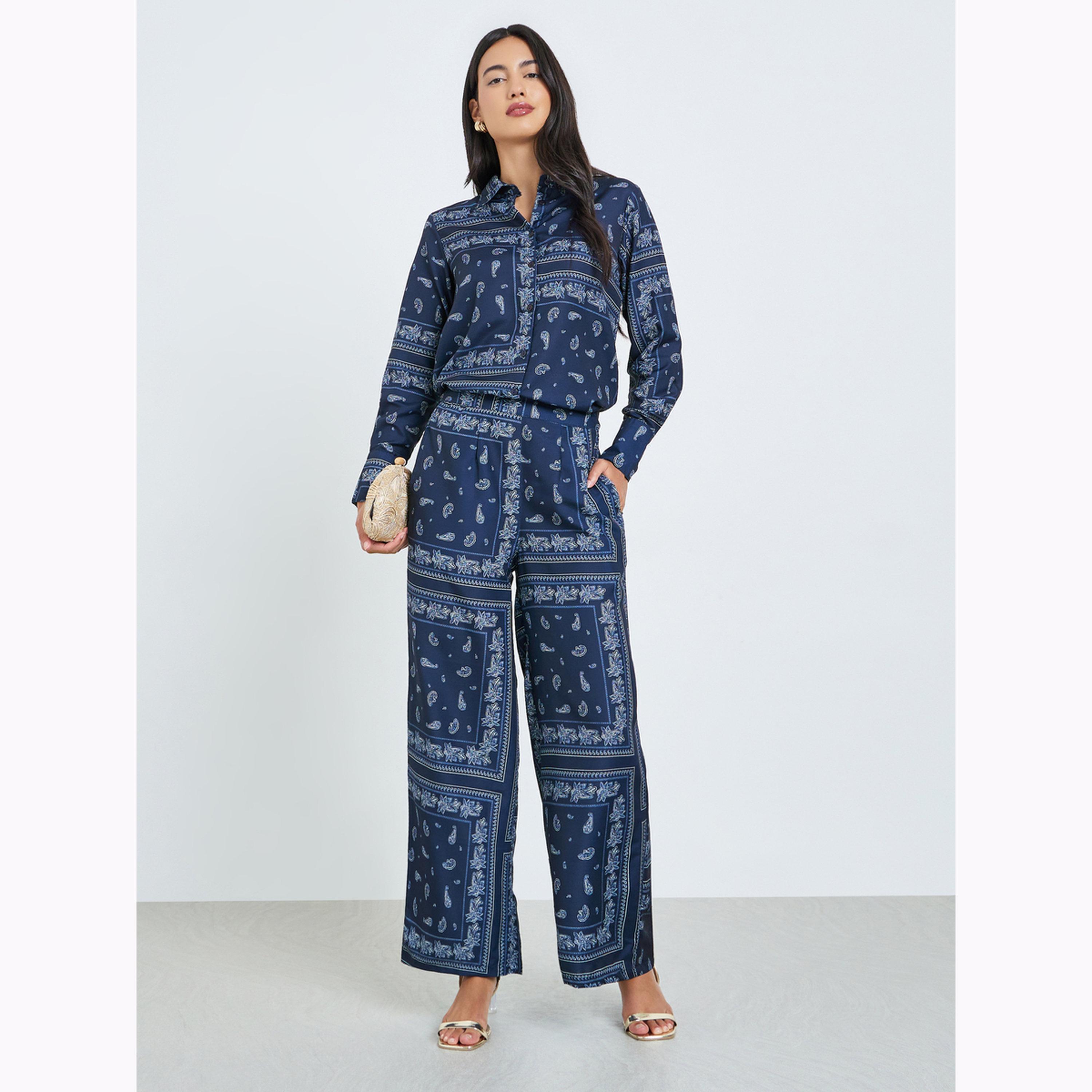 Styli Navy Blue Printed Shirt and Trousers Co-Ords-women-clothing-coordsets-image-1