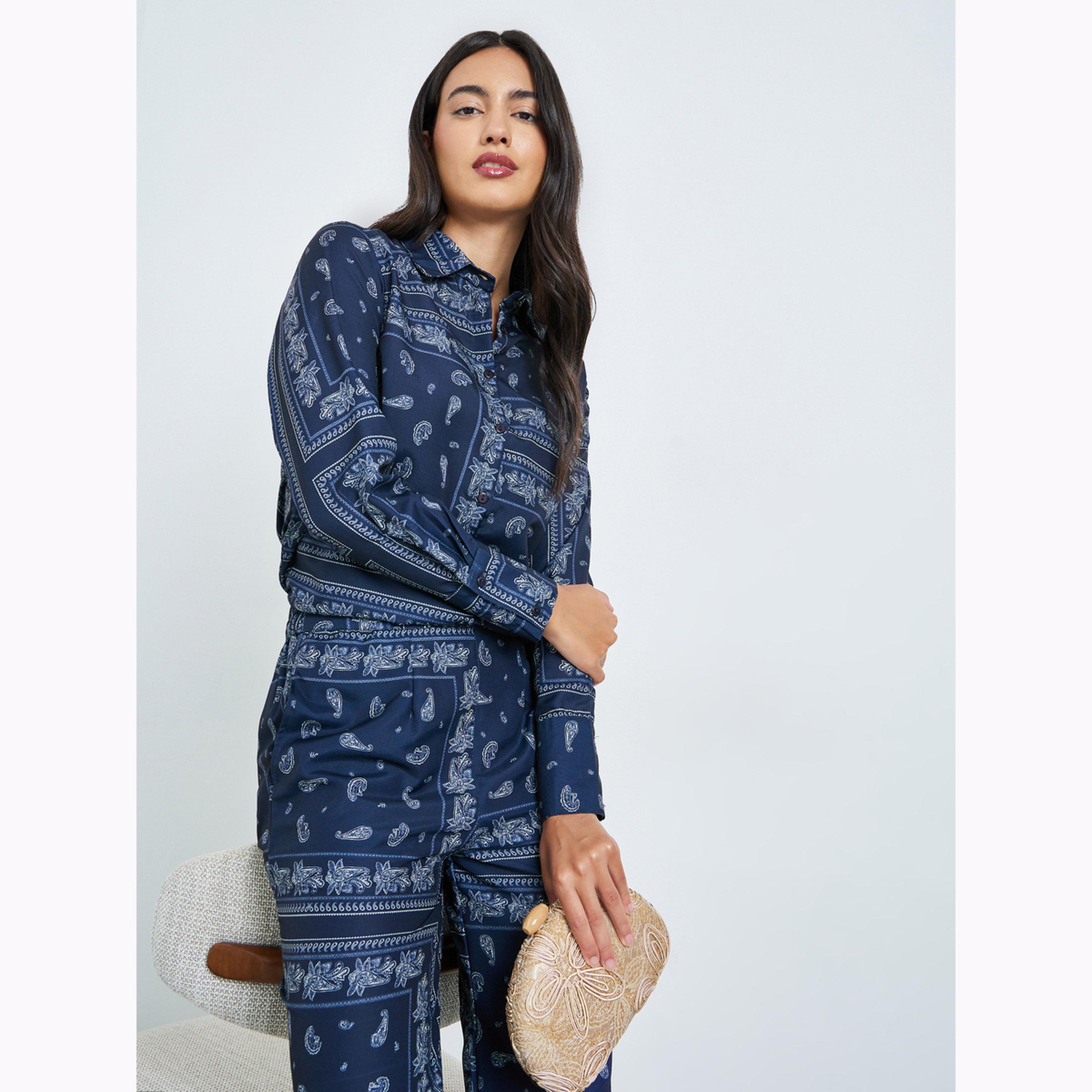 Styli Navy Blue Printed Shirt and Trousers Co-Ords-women-clothing-coordsets-image-2