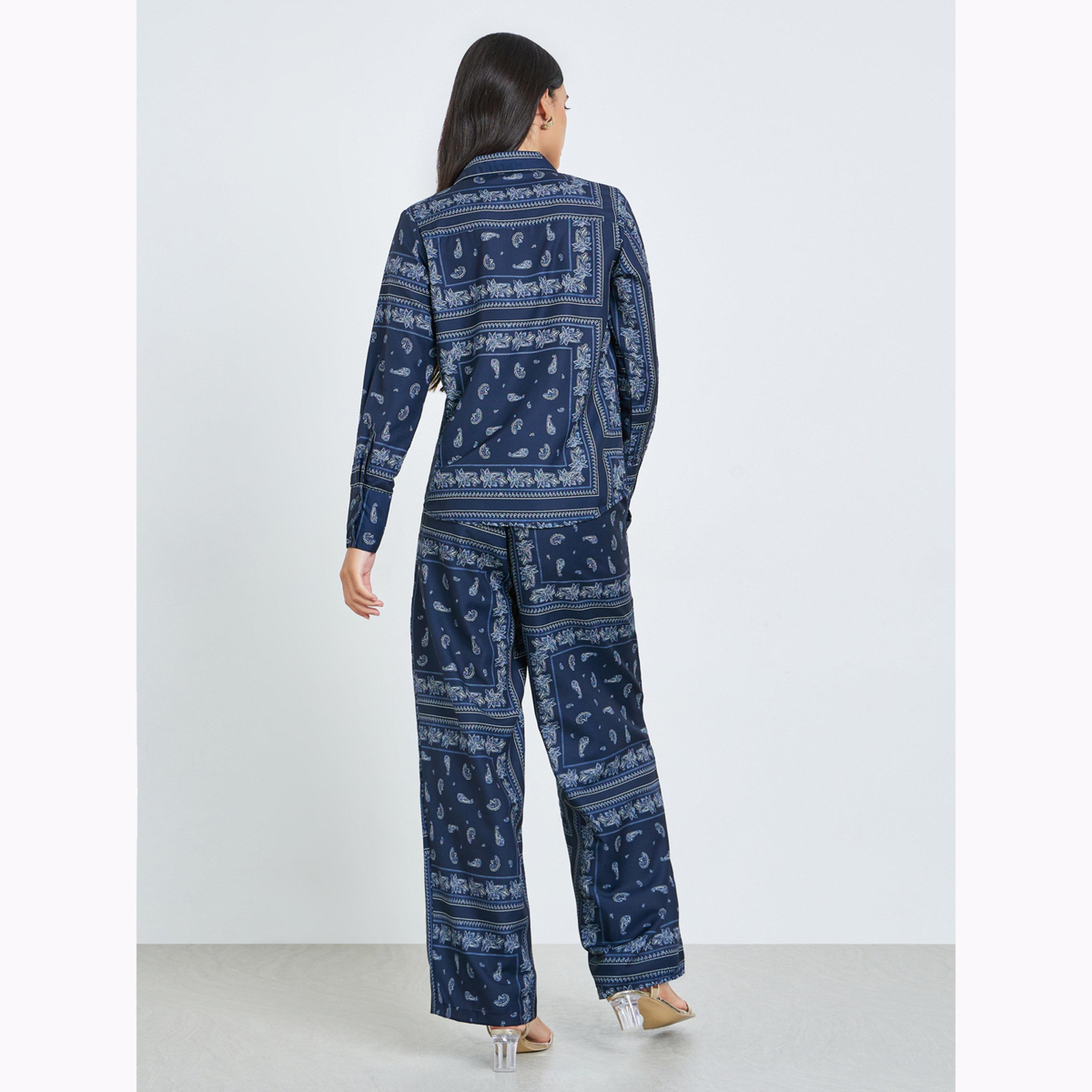 Styli Navy Blue Printed Shirt and Trousers Co-Ords-women-clothing-coordsets-image-4