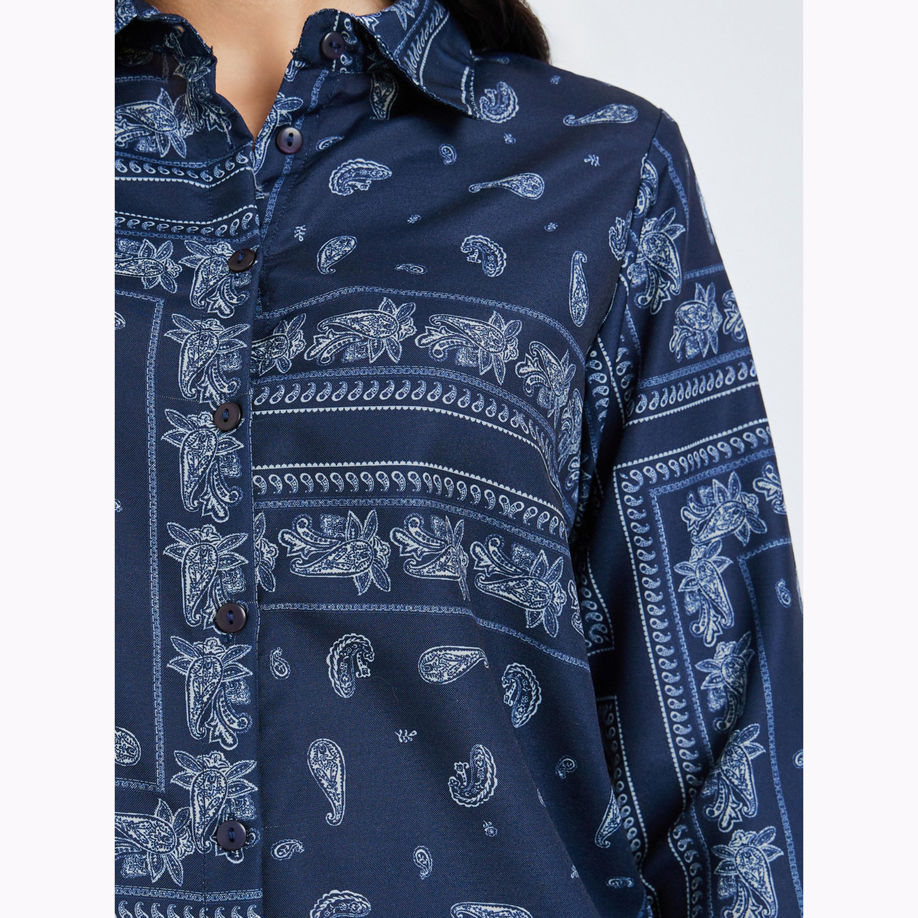 Styli Navy Blue Printed Shirt and Trousers Co-Ords-women-clothing-coordsets-image-5