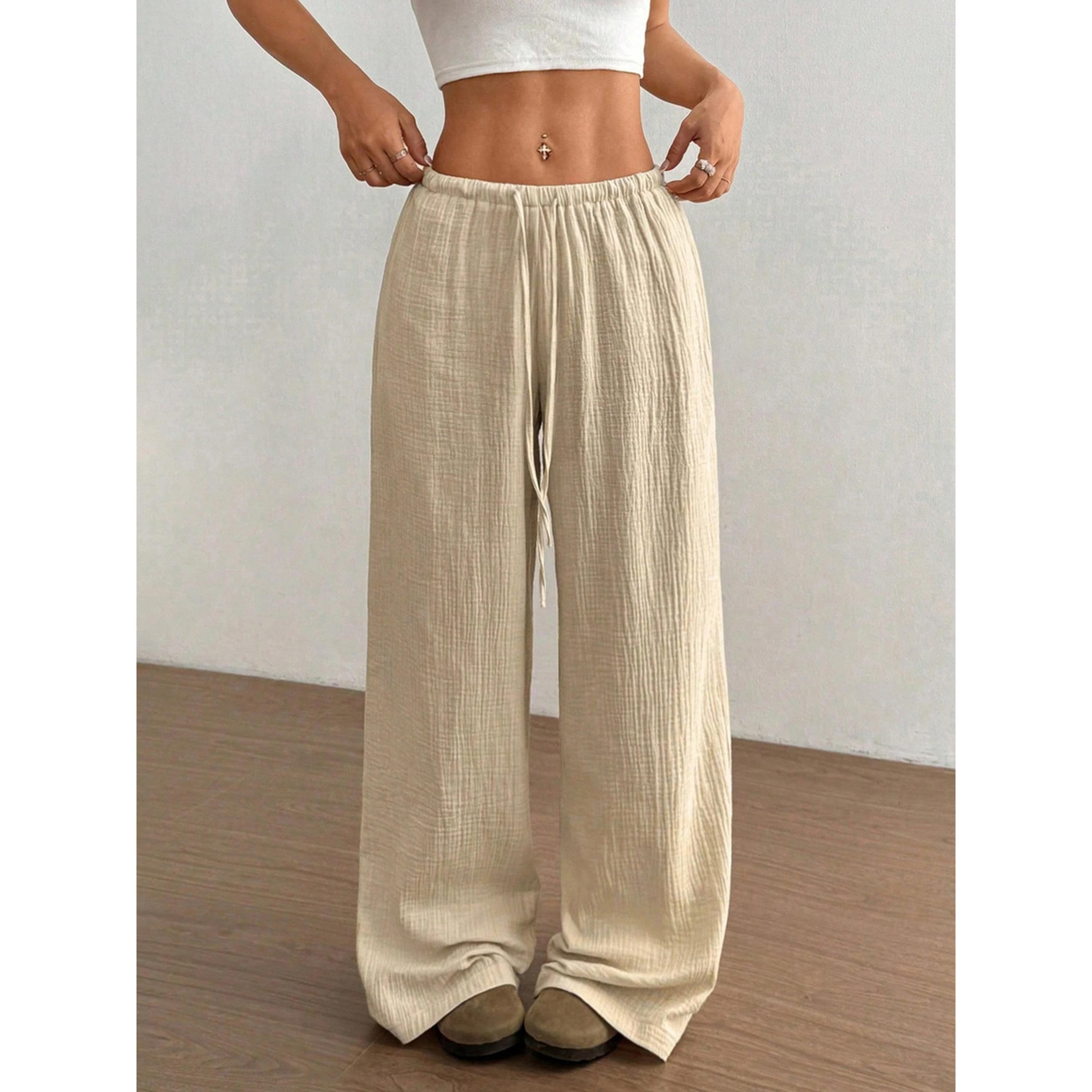 Take Two Beige Textured Wide Leg Drawstring Pants-women-clothing-joggers-image-1