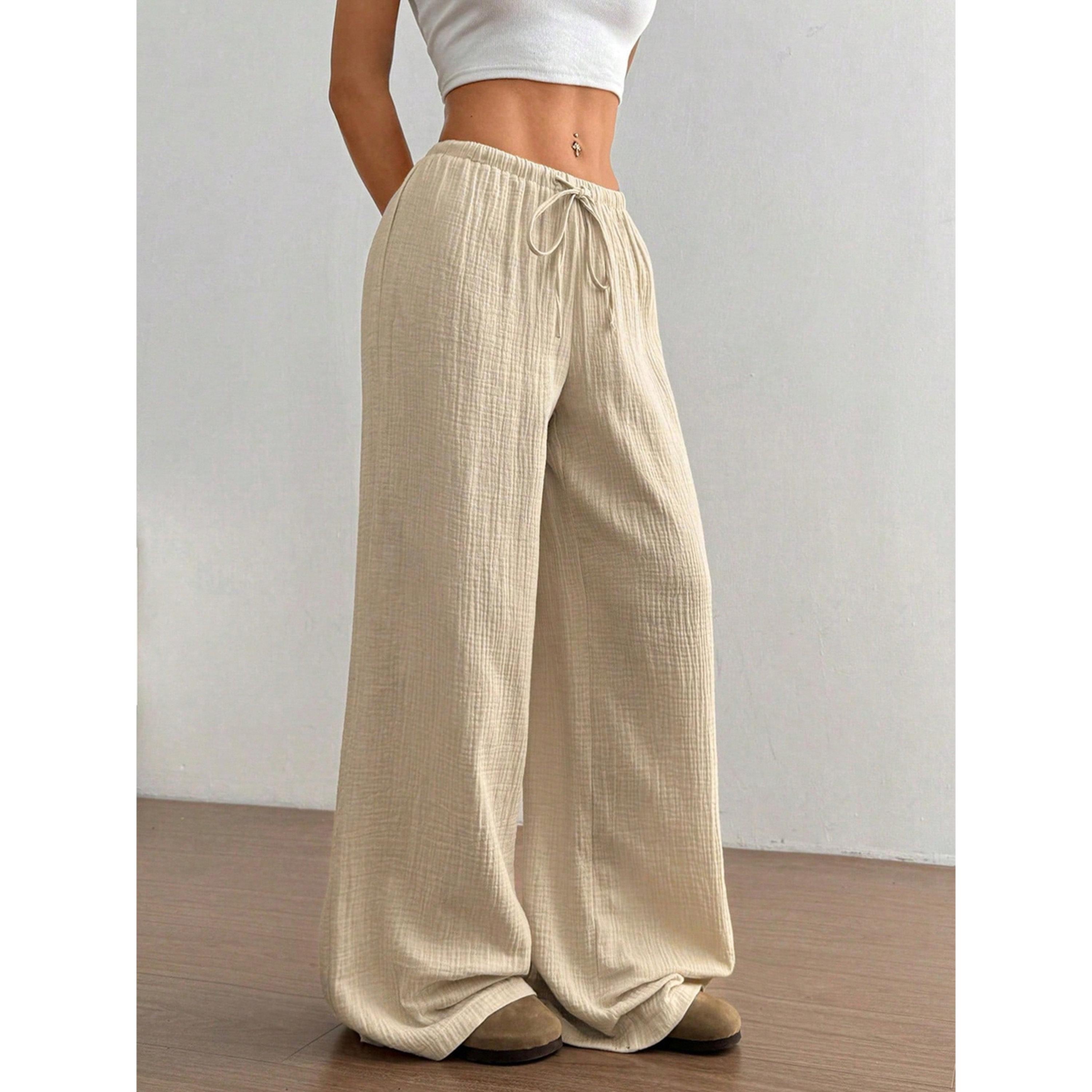 Take Two Beige Textured Wide Leg Drawstring Pants-women-clothing-joggers-image-5