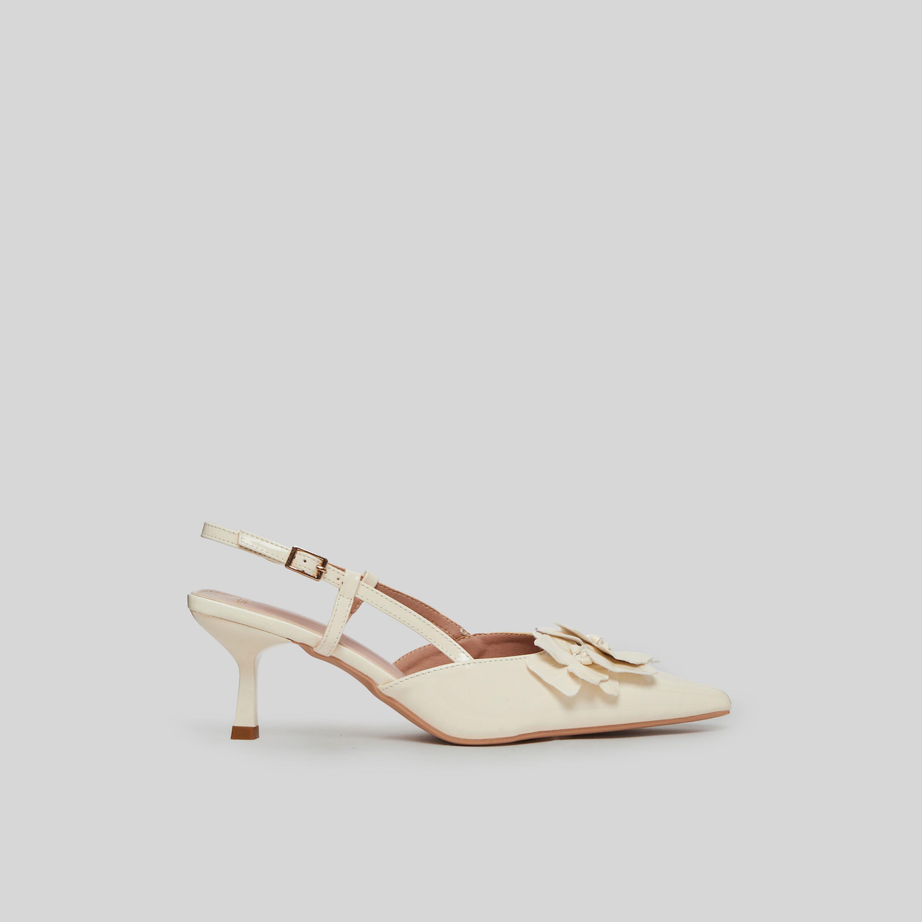 Styli Beige Flower Details Slingback Sandals-women-shoes-heels-image-2