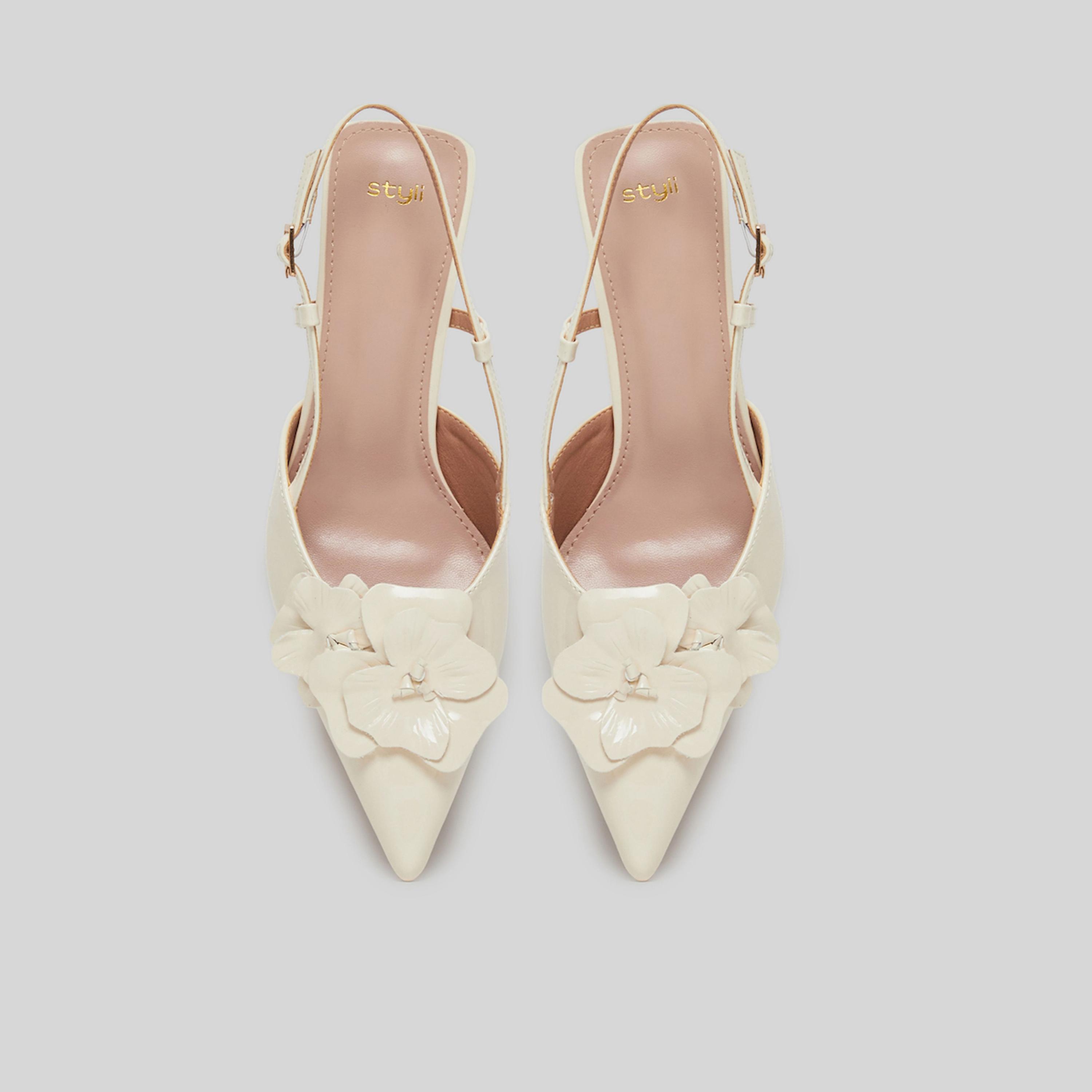 Styli Beige Flower Details Slingback Sandals-women-shoes-heels-image-3