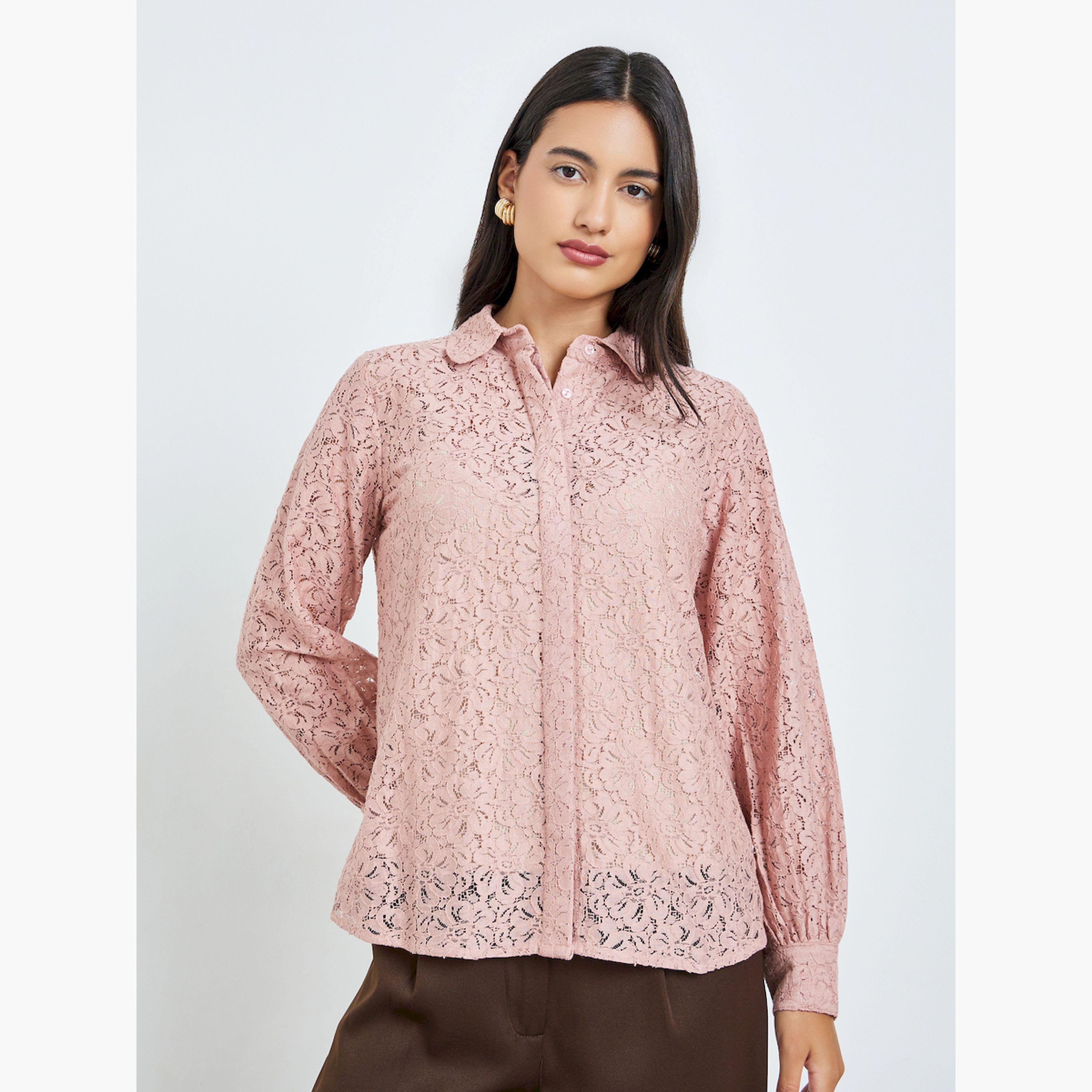 ستايلي - قميص وردي بأكمام طويلة من الدانتيل-women-clothing-shirtsandblouses-shirts-image-1