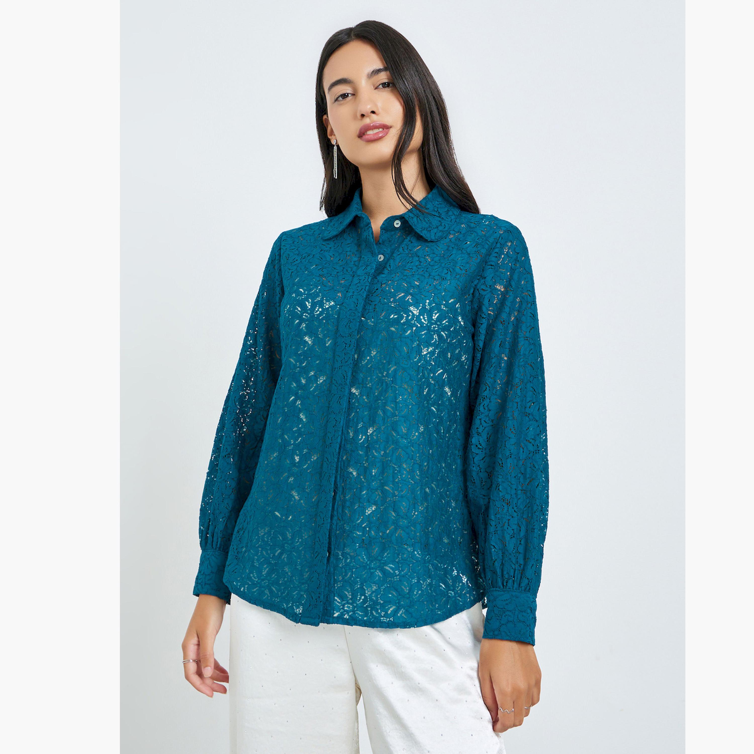Styli Teal Lace Long Sleeve Shirt-women-clothing-shirtsandblouses-shirts-image-1