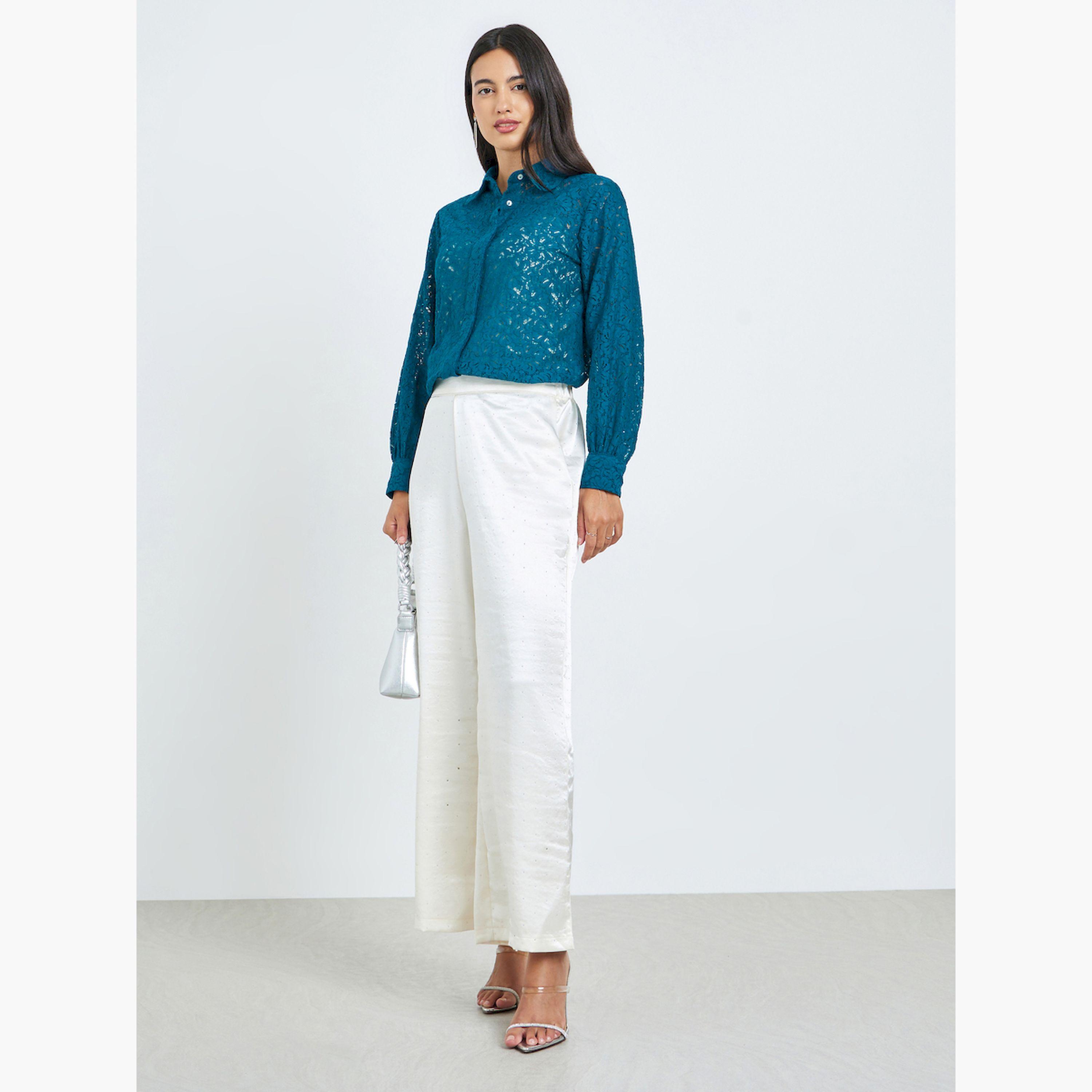Styli Teal Lace Long Sleeve Shirt-women-clothing-shirtsandblouses-shirts-image-2