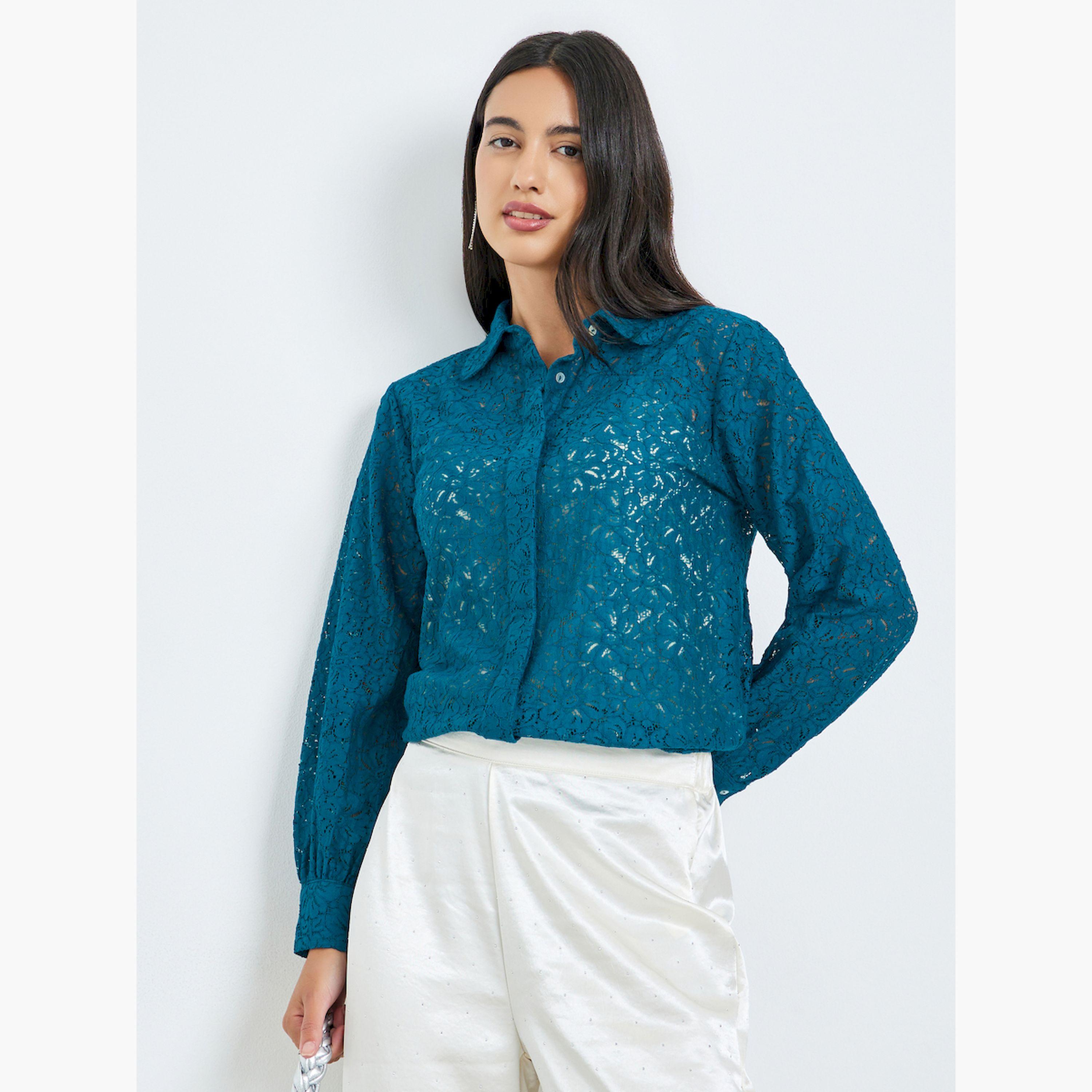 Styli Teal Lace Long Sleeve Shirt-women-clothing-shirtsandblouses-shirts-image-3