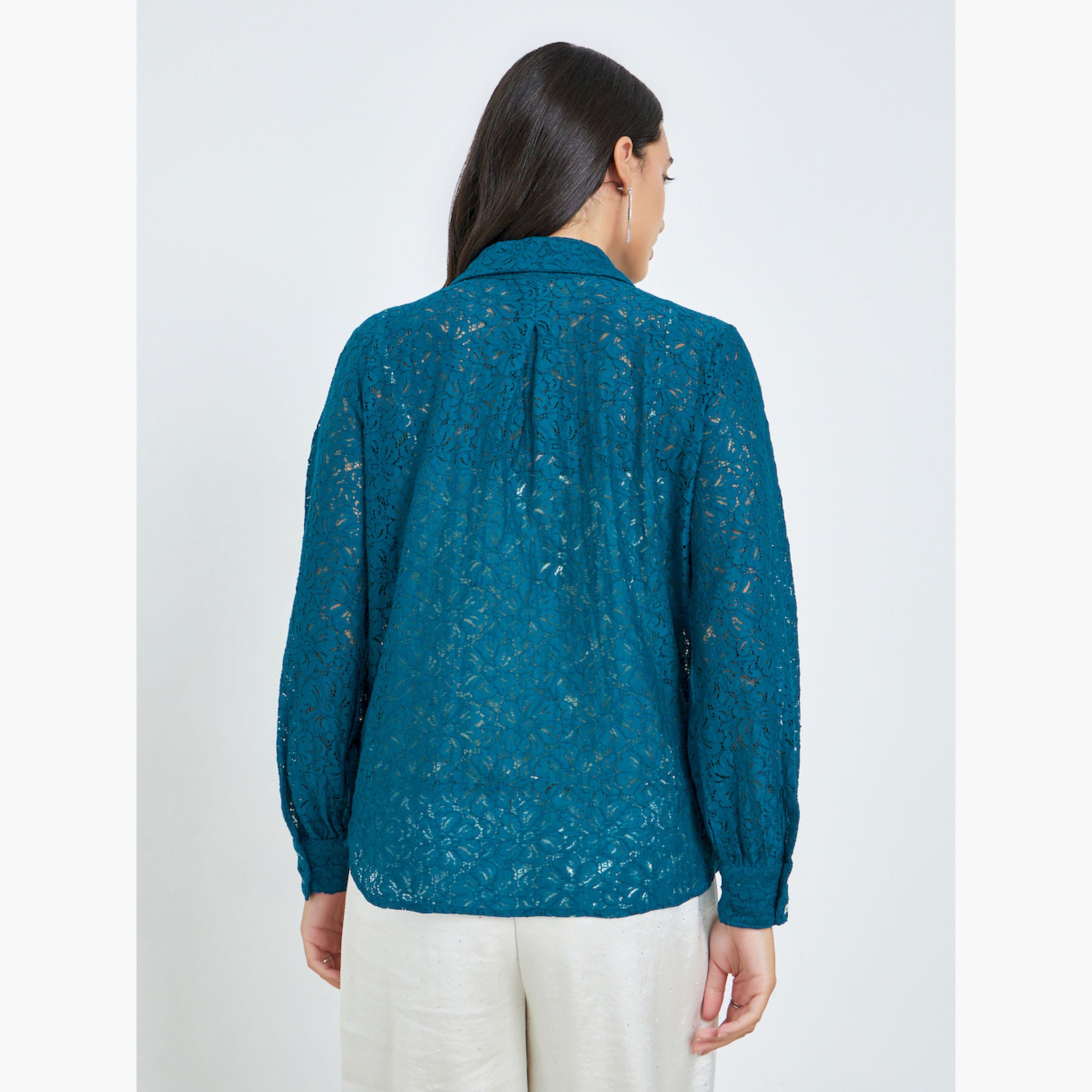 ستايلي - قميص بأكمام طويلة من الدانتيل باللون الأزرق المخضر-women-clothing-shirtsandblouses-shirts-image-4