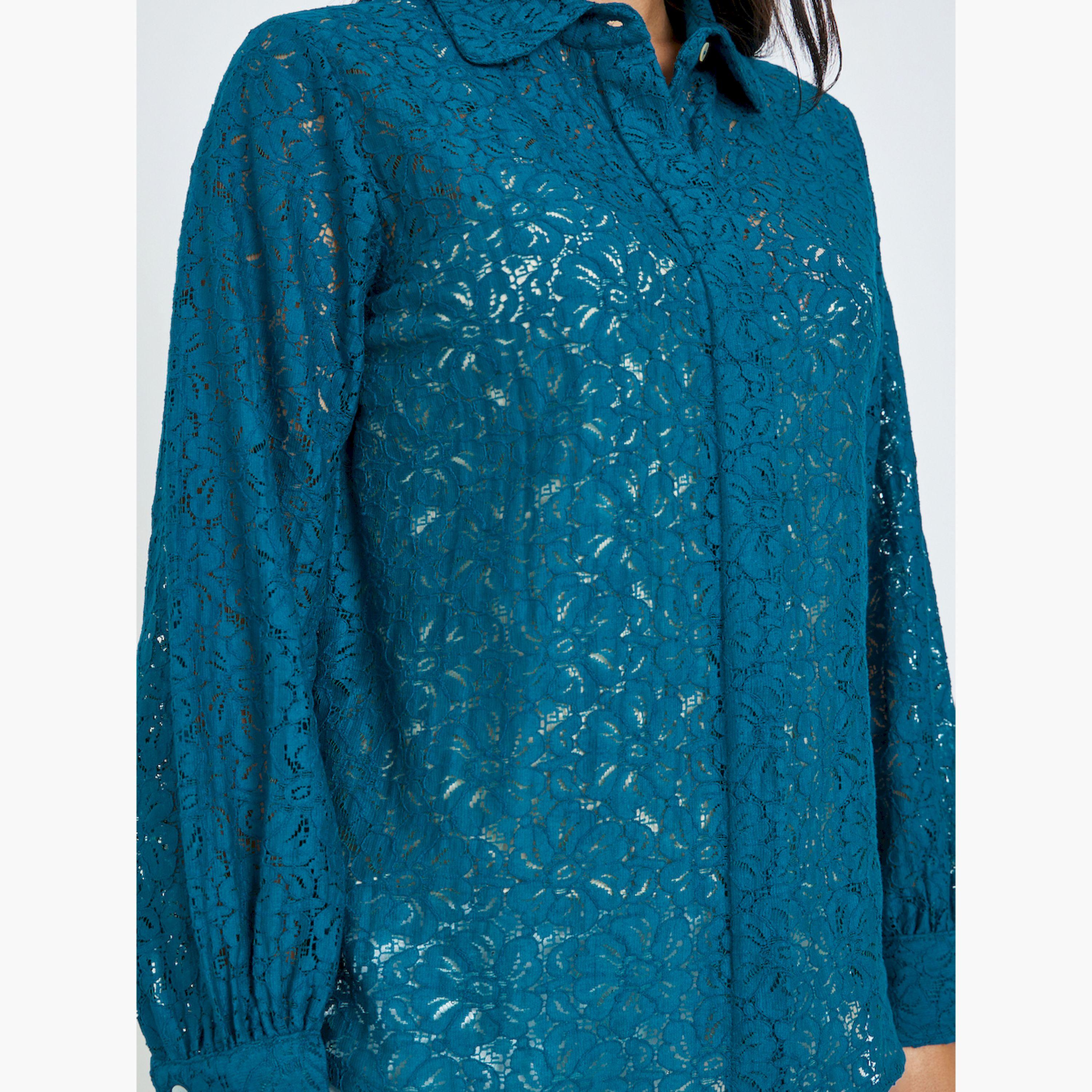 Styli Teal Lace Long Sleeve Shirt-women-clothing-shirtsandblouses-shirts-image-5