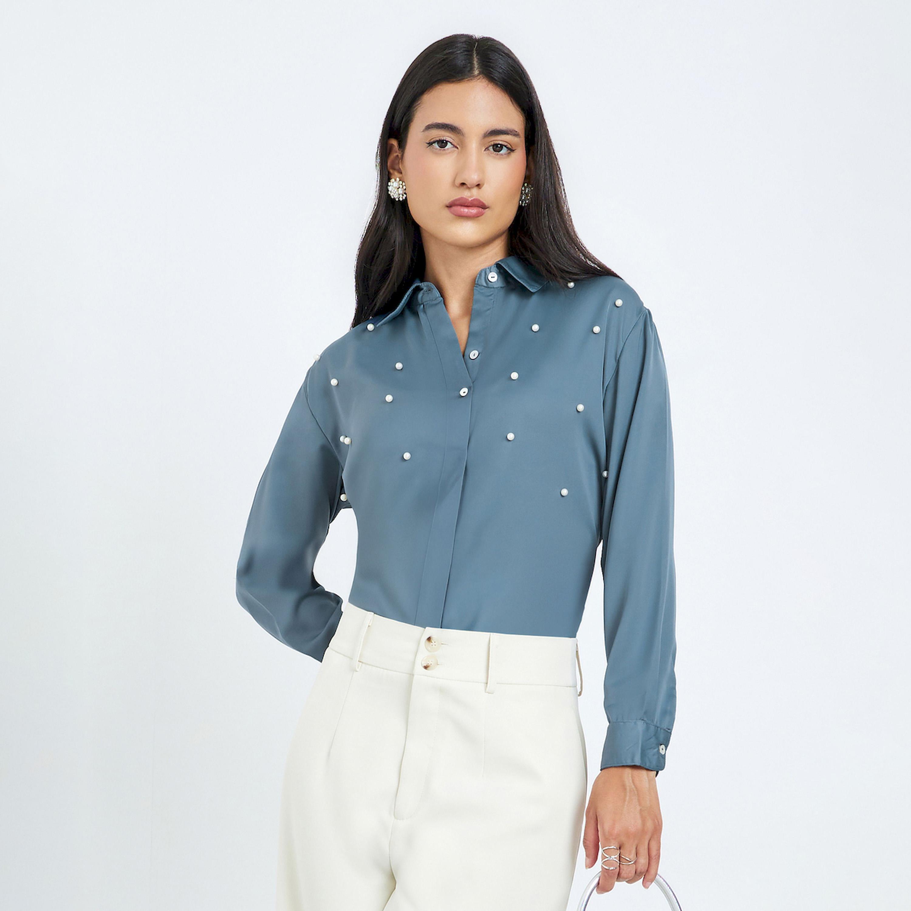 Styli Grey Pearl-Embellished Long Sleeve Shirt-women-clothing-shirtsandblouses-shirts-image-1