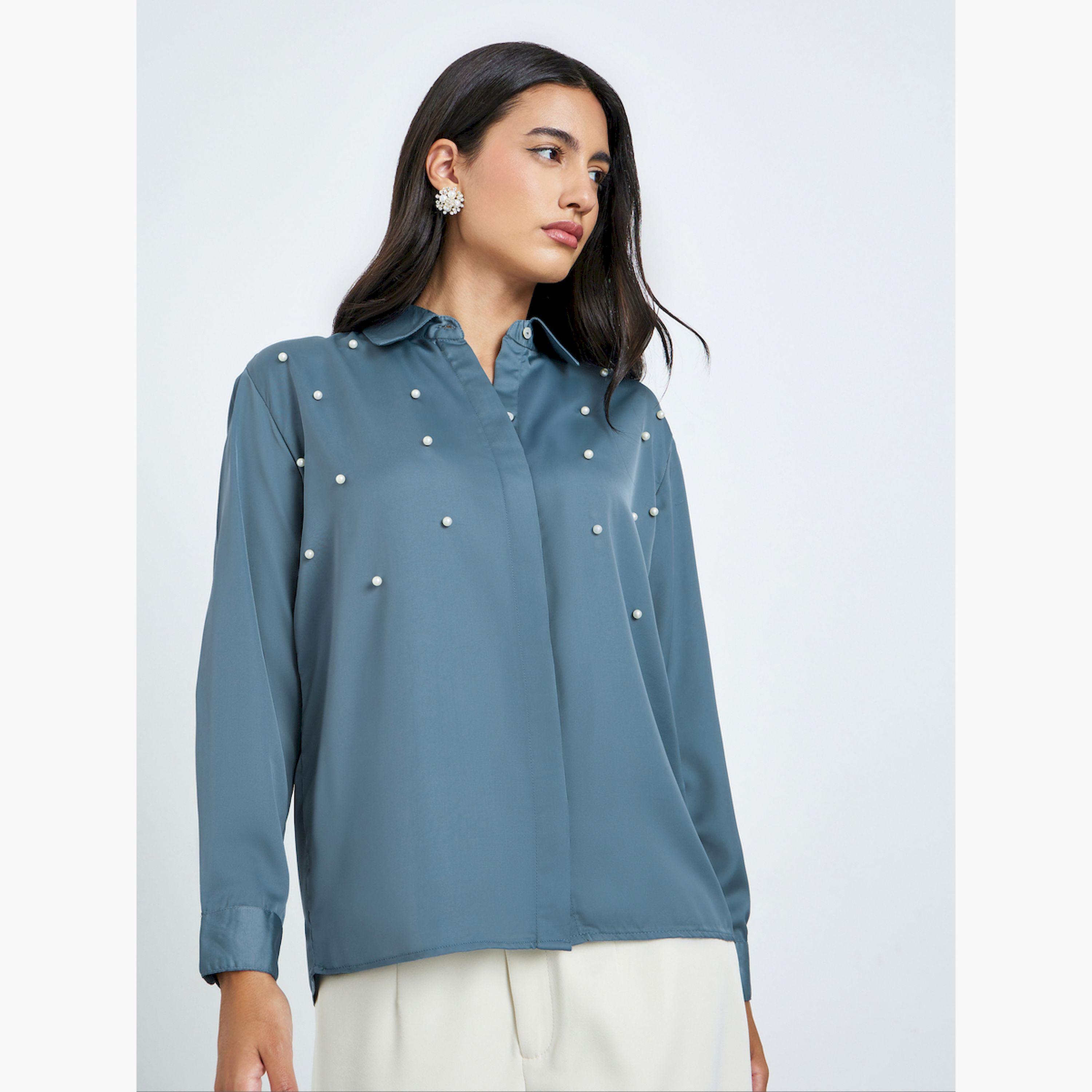 Styli Grey Pearl-Embellished Long Sleeve Shirt-women-clothing-shirtsandblouses-shirts-image-3