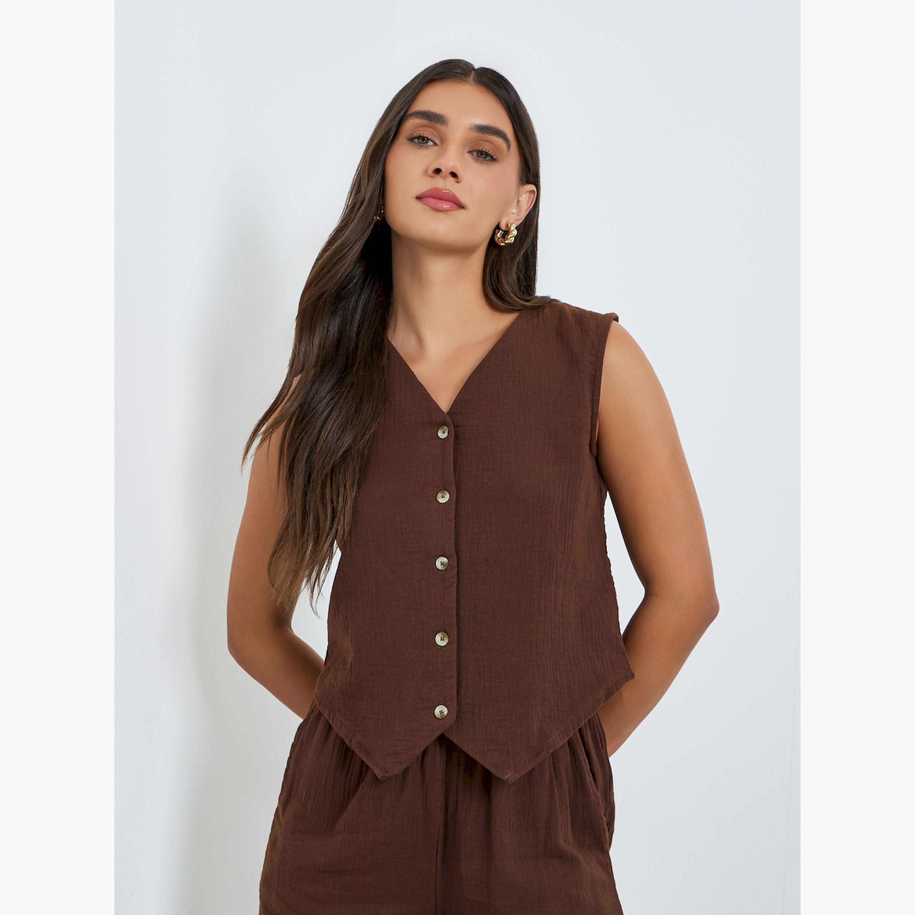 Styli Women Brown Button Down Sleeveless Waistcoat-women-clothing-shirtsandblouses-blouses-image-1