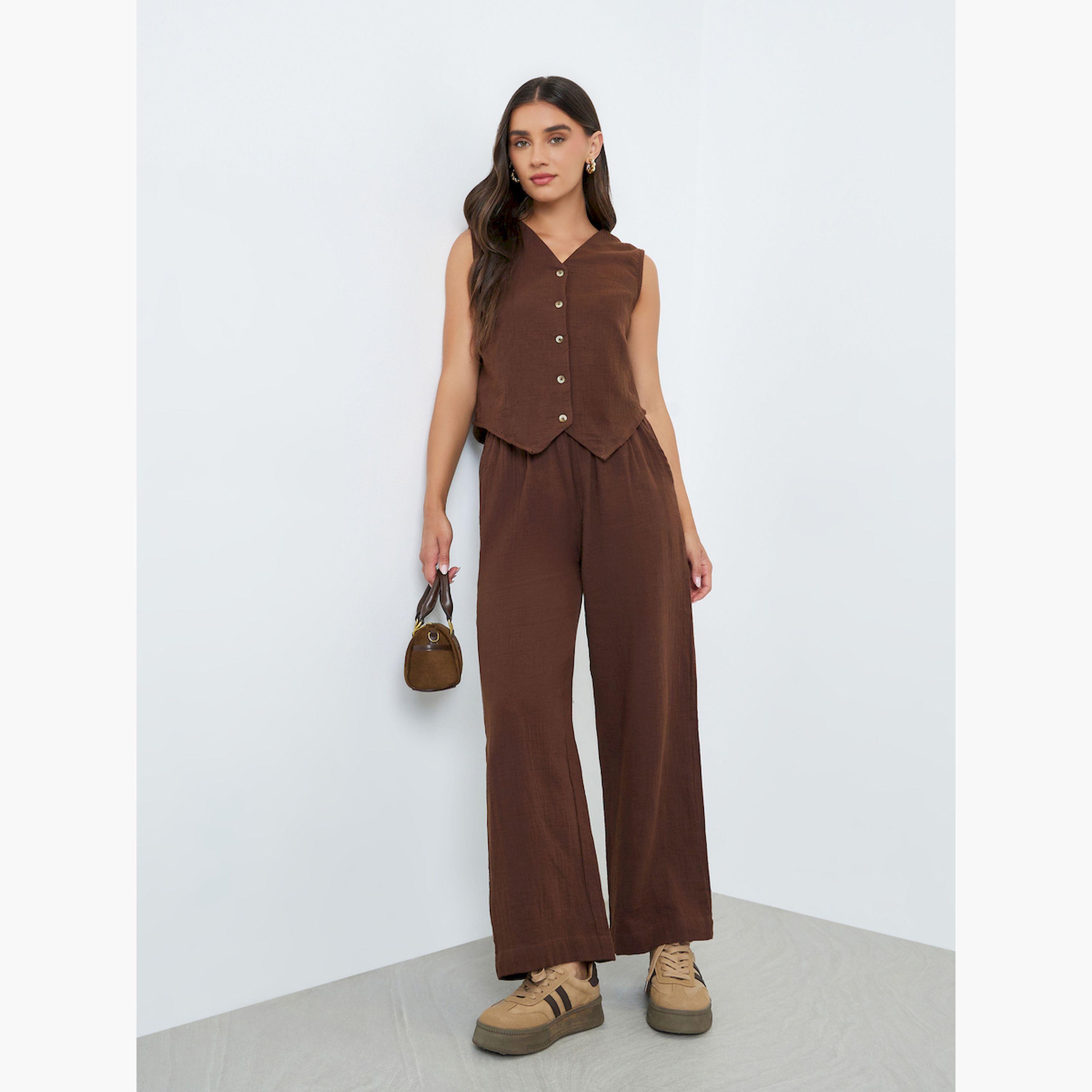 Styli Women Brown Button Down Sleeveless Waistcoat-women-clothing-shirtsandblouses-blouses-image-2