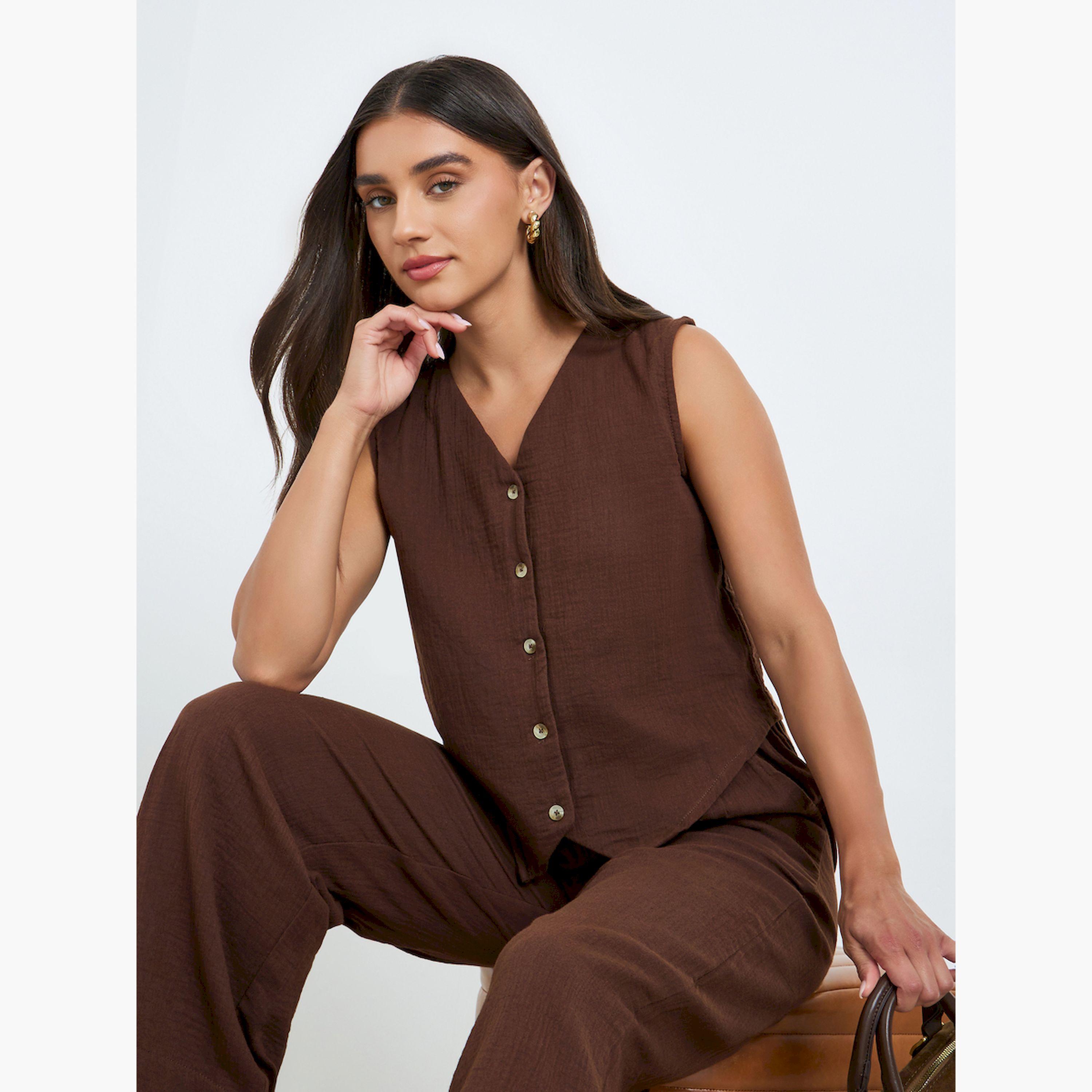 Styli Women Brown Button Down Sleeveless Waistcoat-women-clothing-shirtsandblouses-blouses-image-3