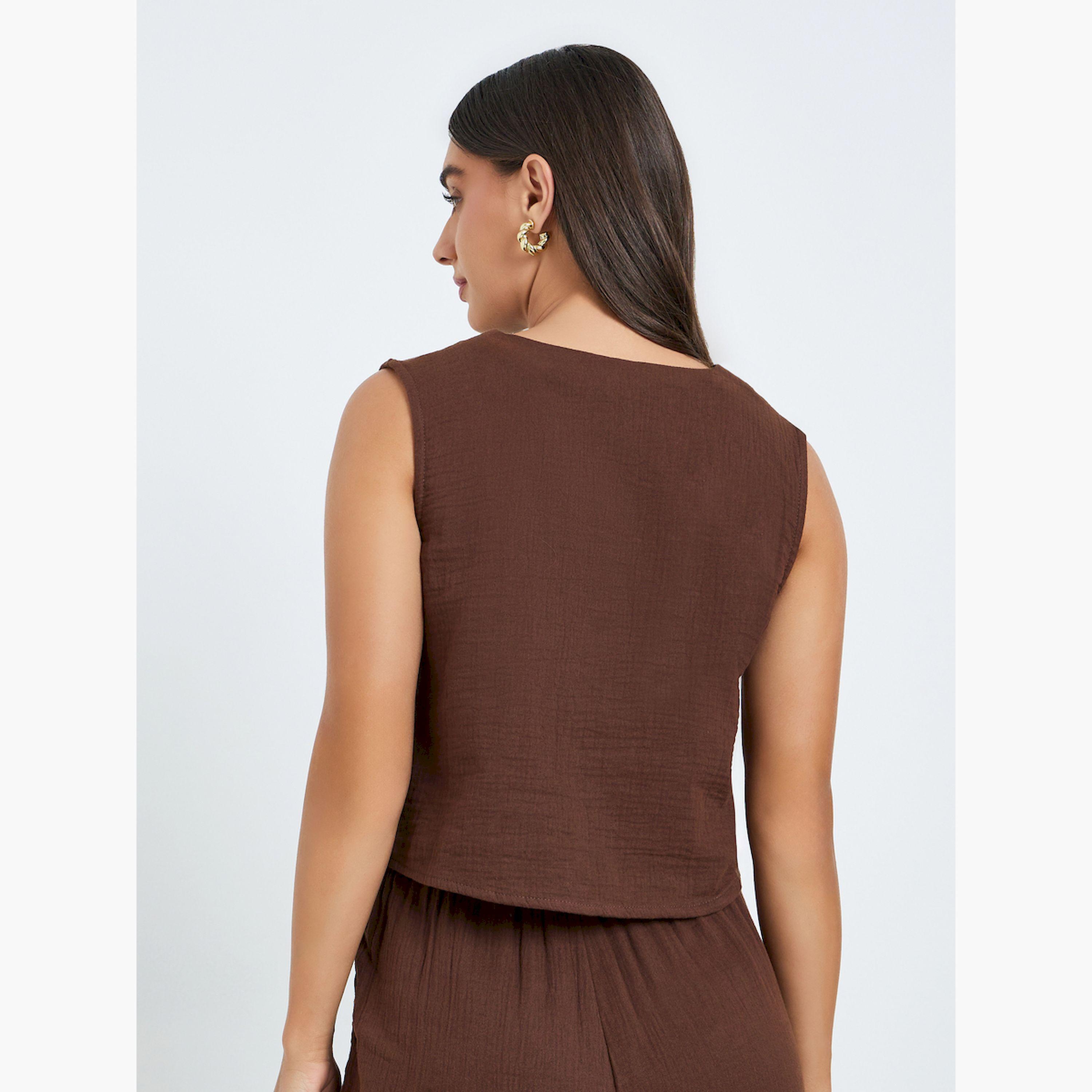 Styli Women Brown Button Down Sleeveless Waistcoat-women-clothing-shirtsandblouses-blouses-image-4