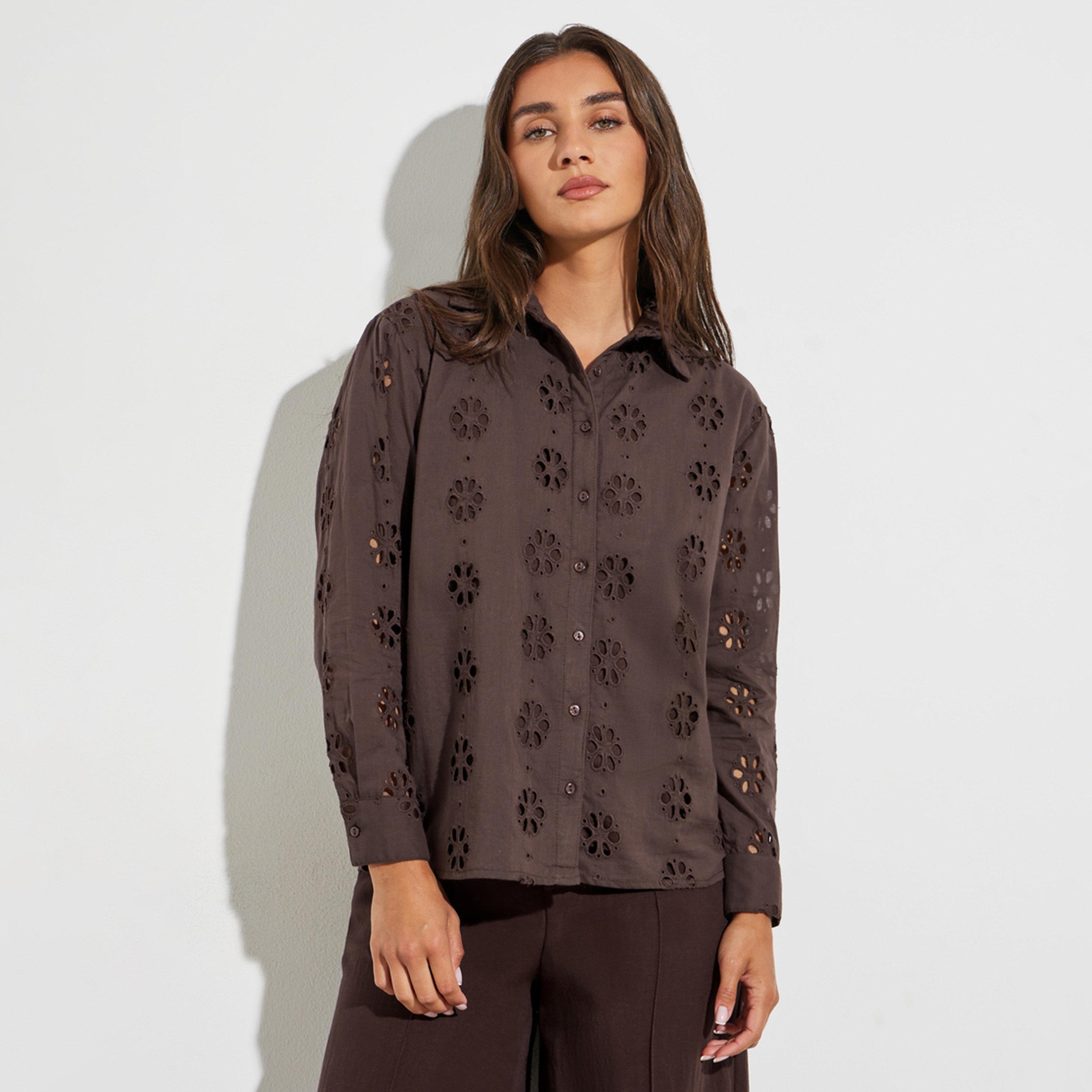 Styli Brown Embroidered Long Sleeve Shirt-women-clothing-shirtsandblouses-shirts-image-1