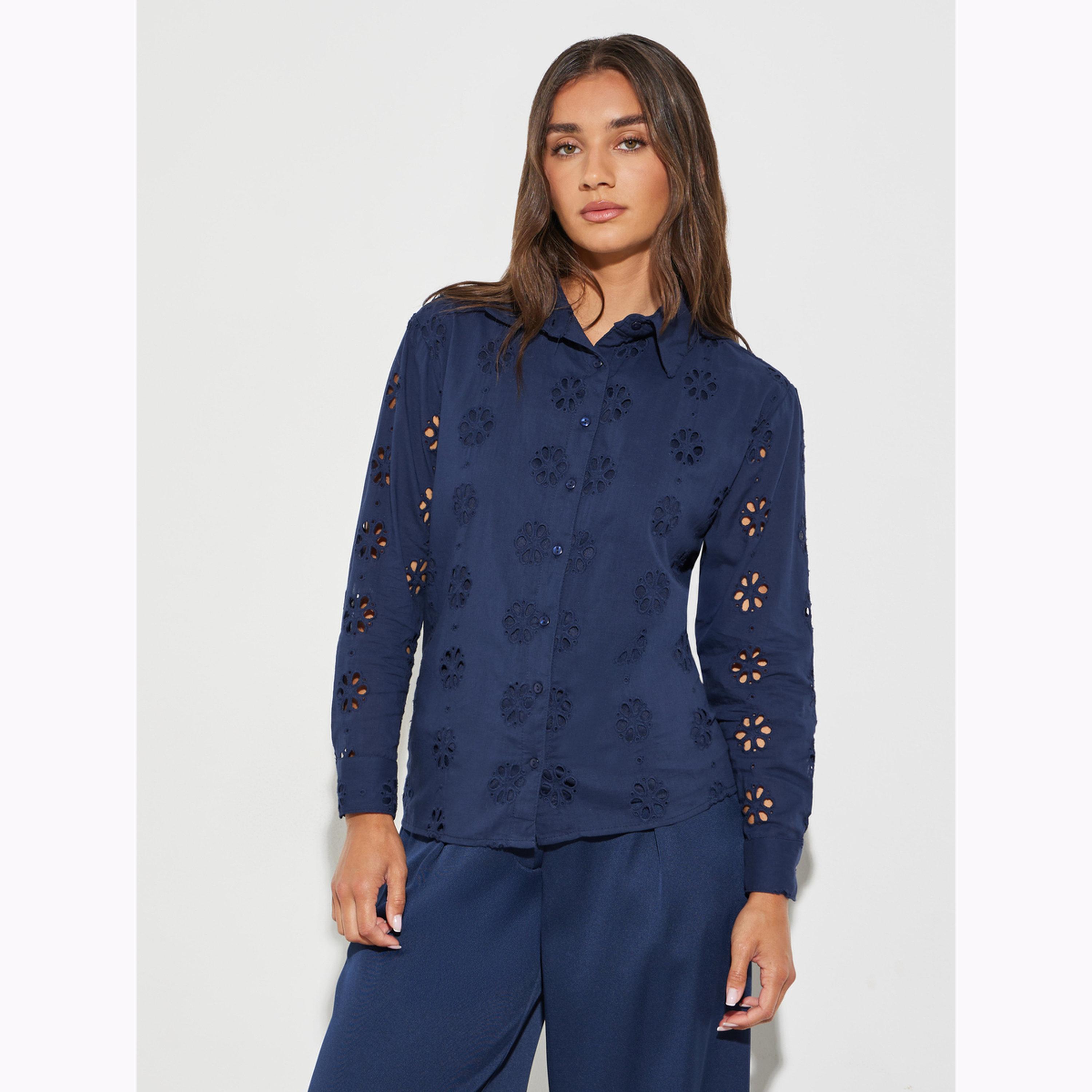 Styli Navy Blue Embroidered Long Sleeve Shirt-women-clothing-shirtsandblouses-shirts-image-1