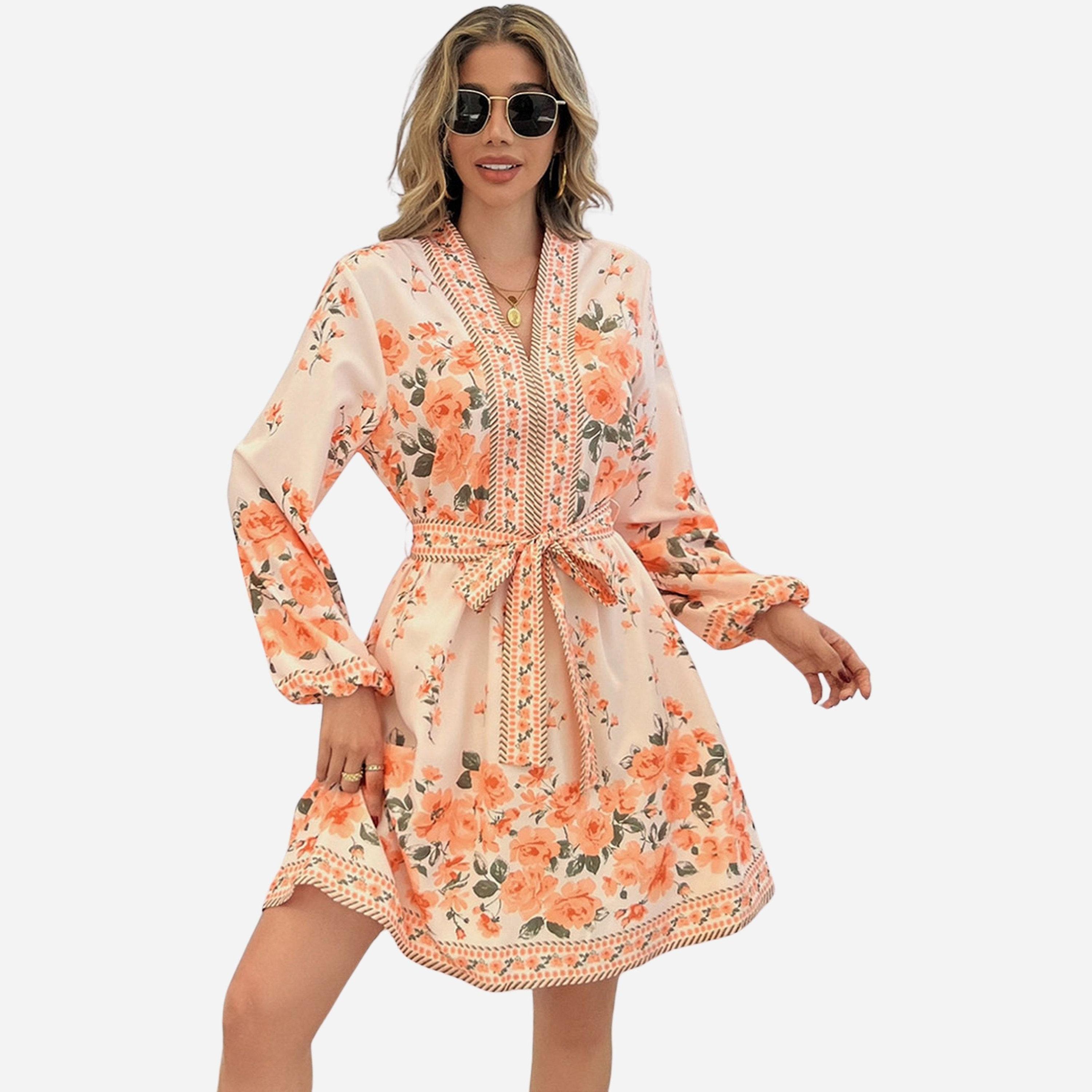 Take Two Women's Floral Printed Belted Detail Lantern Sleeve Mini Dress-women-clothing-dresses-image-1